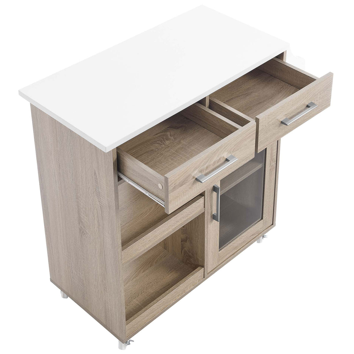 Kitchen cart with both drawers open, showing full-glide hardware and roomy compartments for utensils || EEI-6277-OAK-WHI || front_angle_open_studio