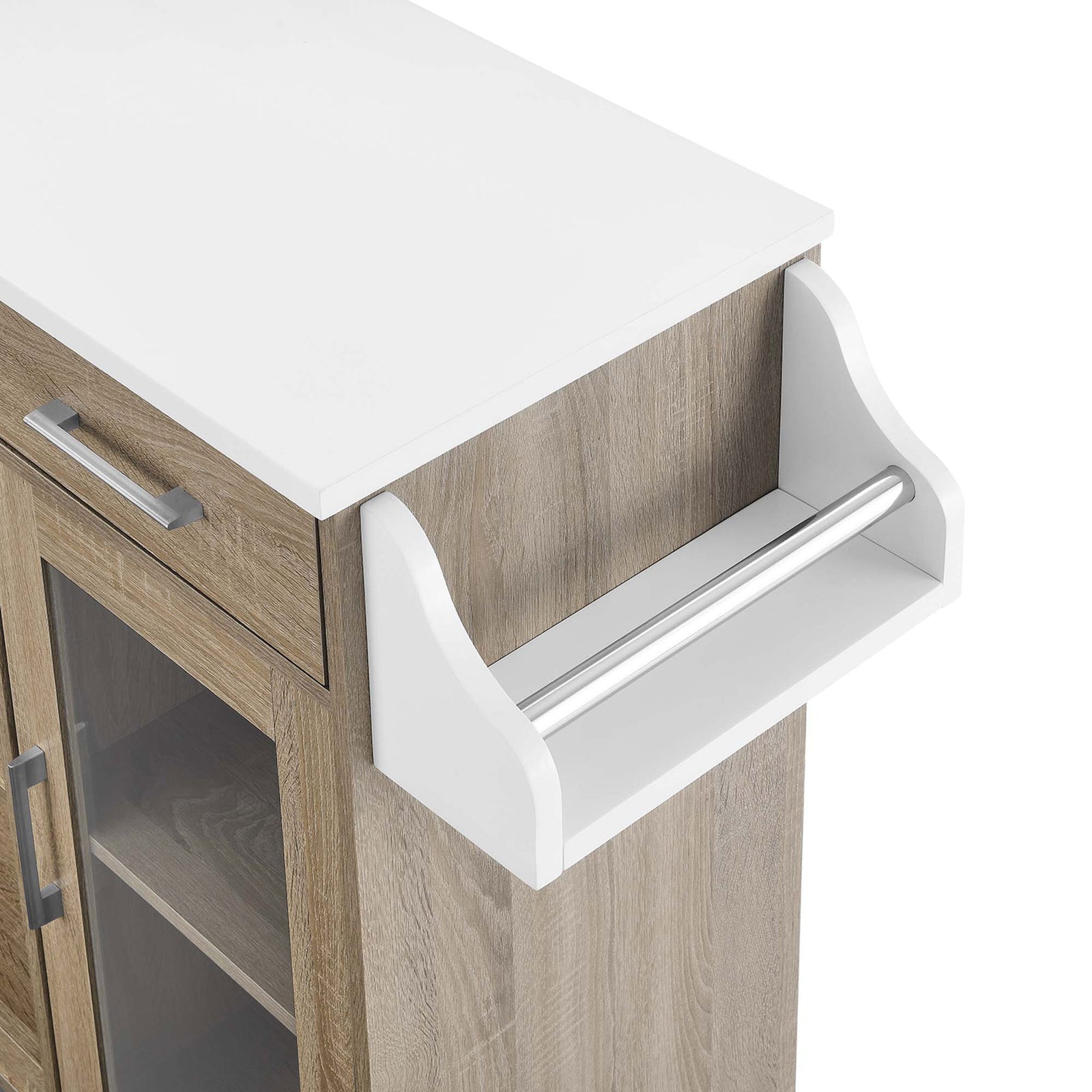 Integrated side spice rack with metal rail and white accents built into the oak kitchen cart || EEI-6277-OAK-WHI || storage_studio