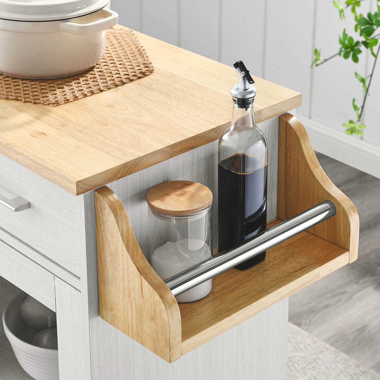 Spice rack on kitchen cart holding oil, vinegar, and salt containers || EEI-6277-WHI-NAT || storage_room