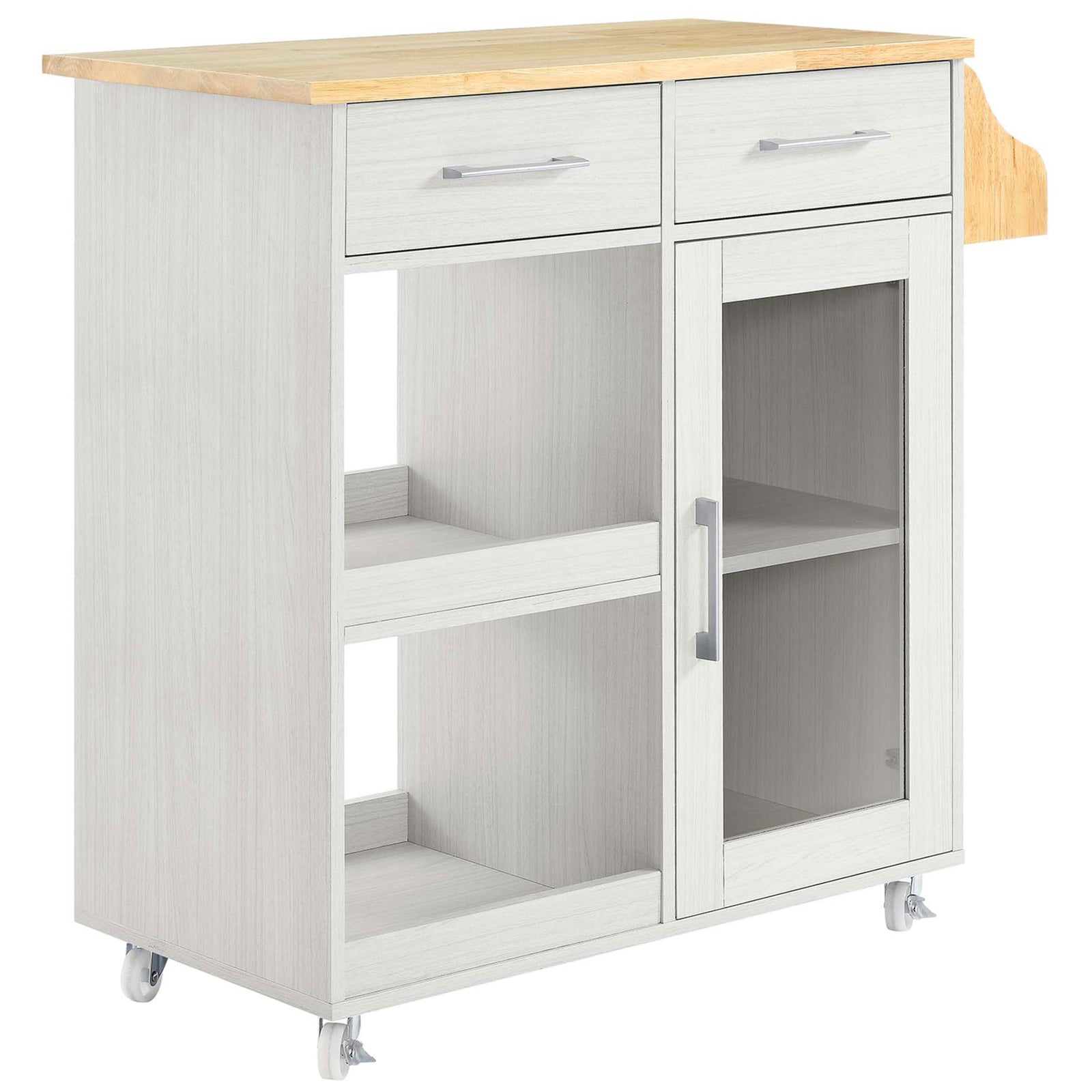 White kitchen cart with natural wood top, glass door, open shelves, drawers, and side spice rack || EEI-6277-WHI-NAT || front_angle_studio