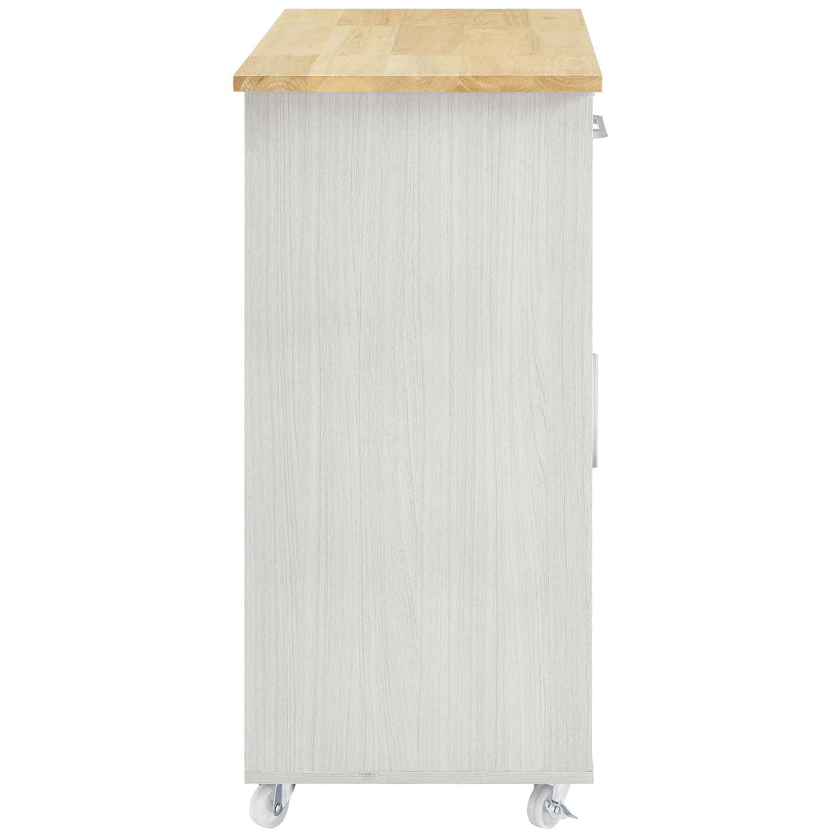 White kitchen cart with natural wood top and locking caster wheels for easy movement || EEI-6277-WHI-NAT || side_studio