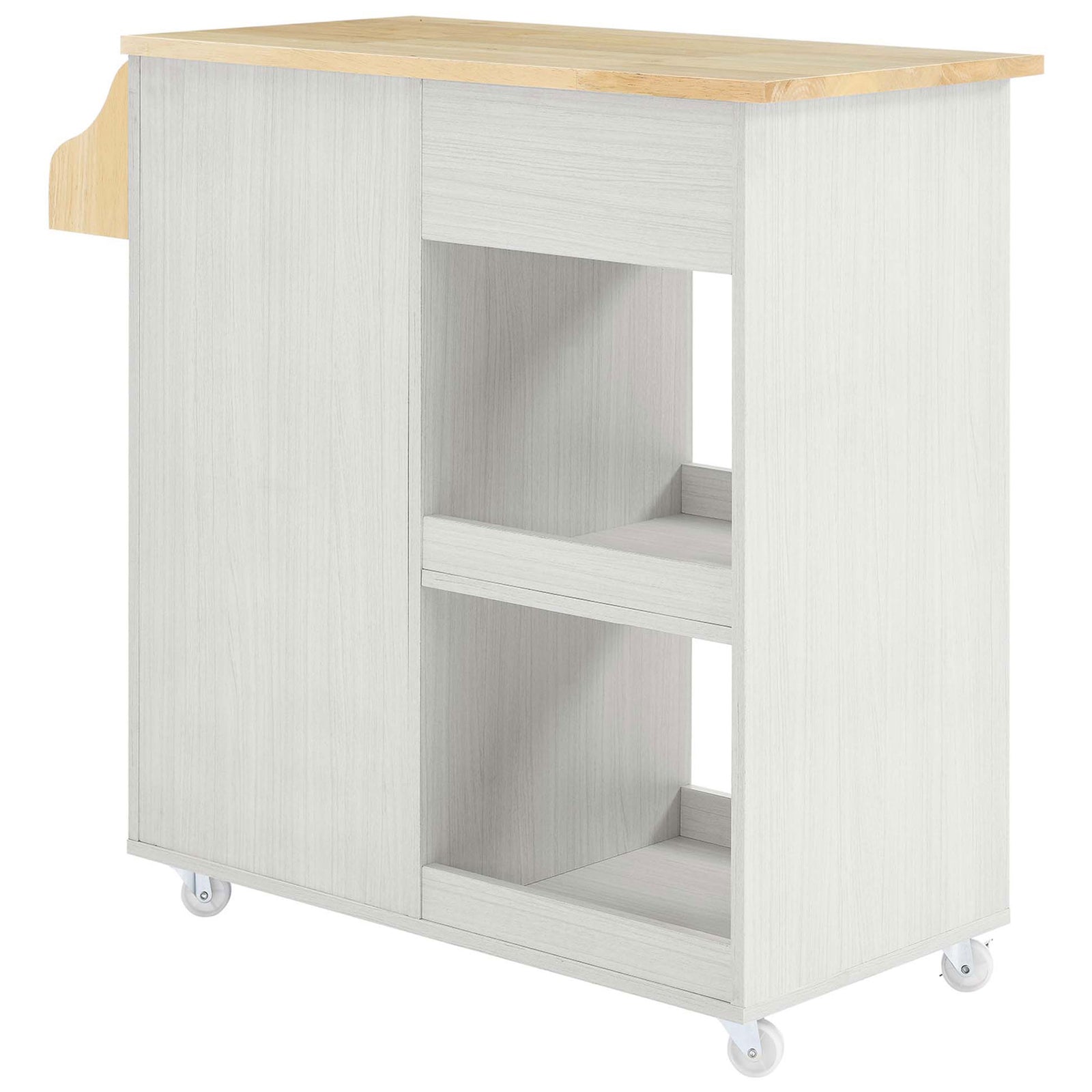 White kitchen cart with smooth panel finish and open shelving for extra storage || EEI-6277-WHI-NAT || back_angle_studio