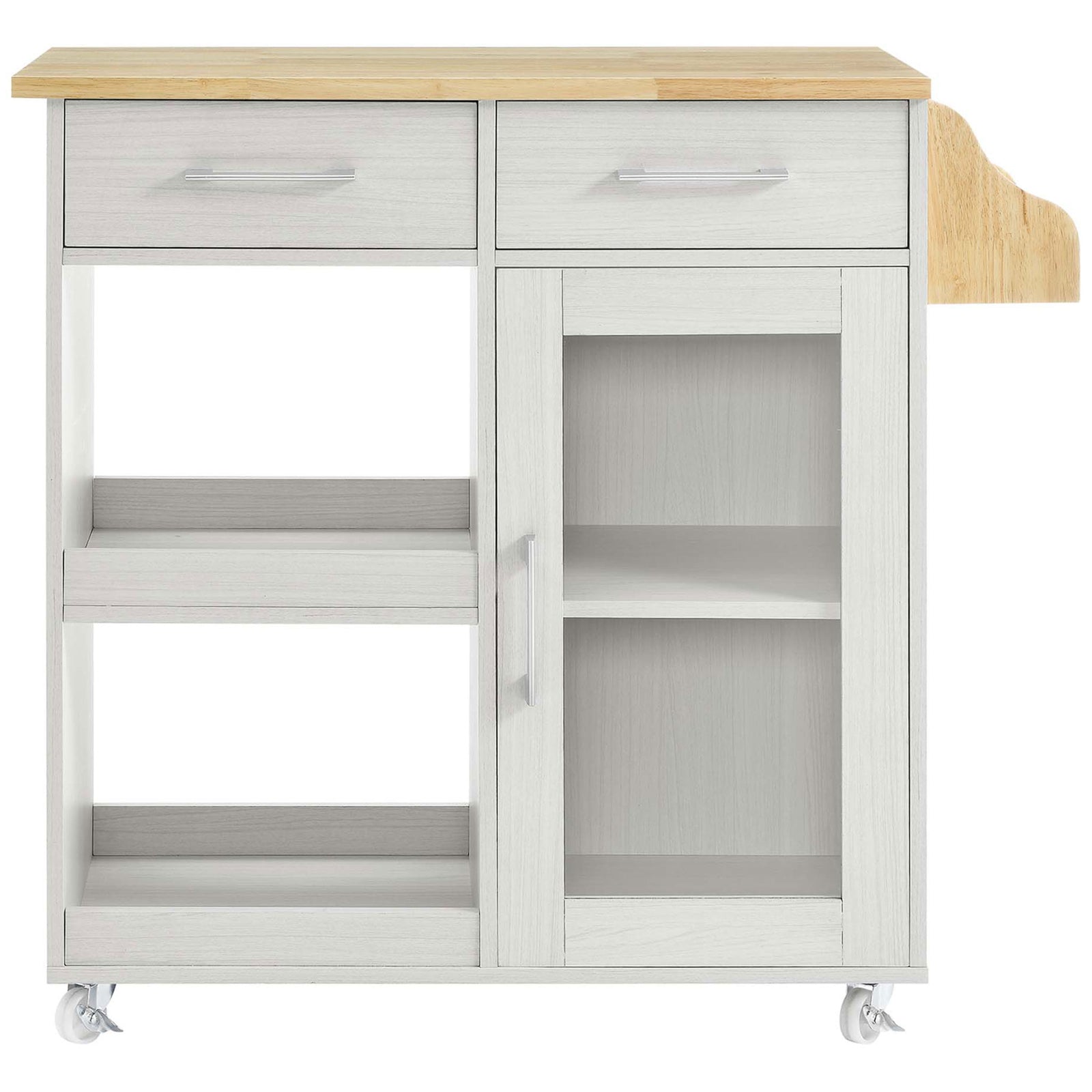 White kitchen cart with glass door, drawers, and open shelves for everyday storage || EEI-6277-WHI-NAT || front_studio