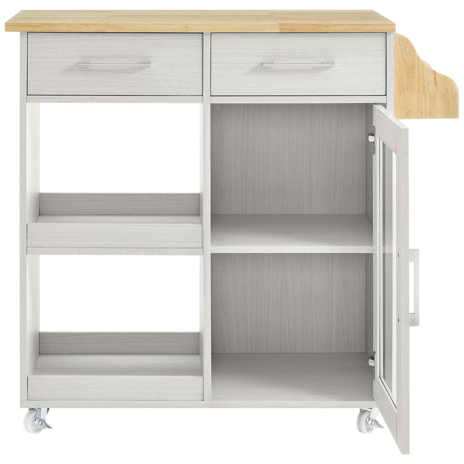 Kitchen cart with glass cabinet door open to reveal spacious interior shelves || EEI-6277-WHI-NAT || front_open_studio