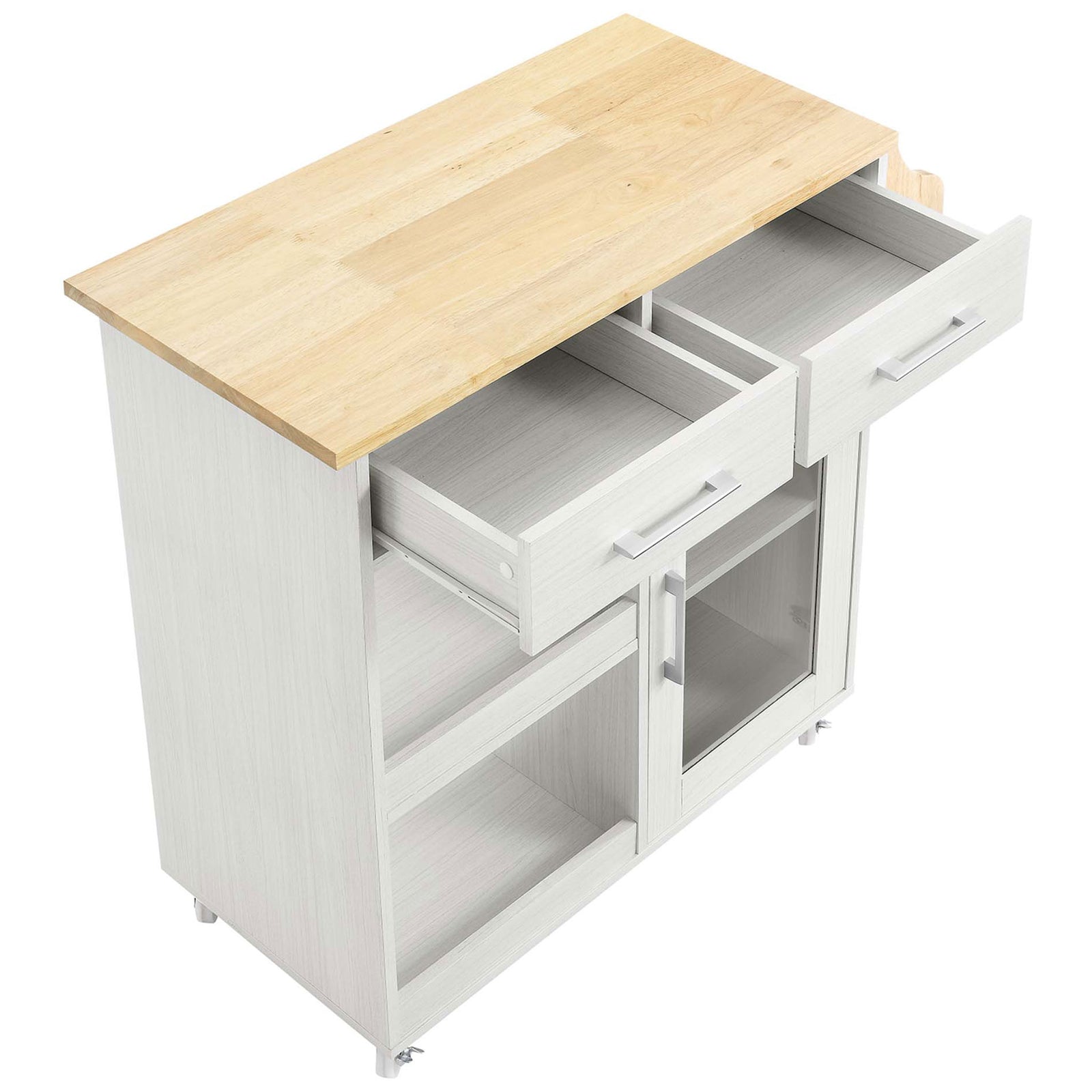 Kitchen cart with natural wood surface, open drawers, and organized storage compartments || EEI-6277-WHI-NAT || front_angle_open_studio