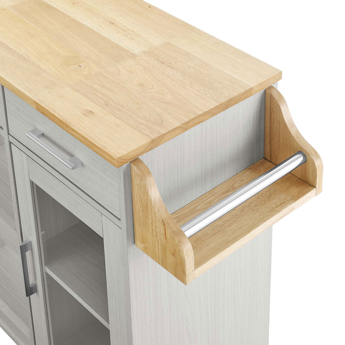 Side spice rack with natural wood frame and metal rail on kitchen cart || EEI-6277-WHI-NAT || detail_studio