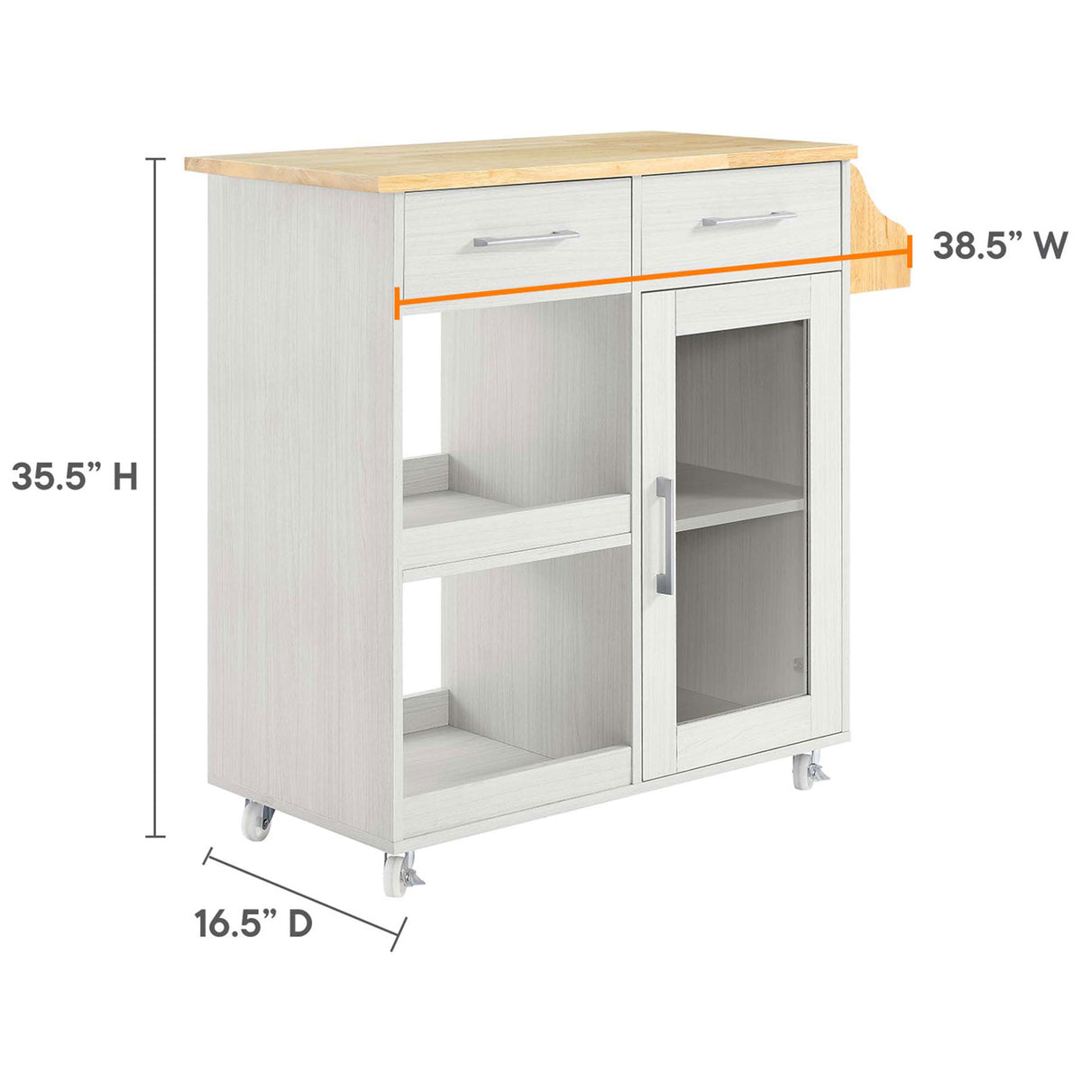 Kitchen cart dimensions showing overall height, width, and depth || EEI-6277-WHI-NAT || dimension_studio