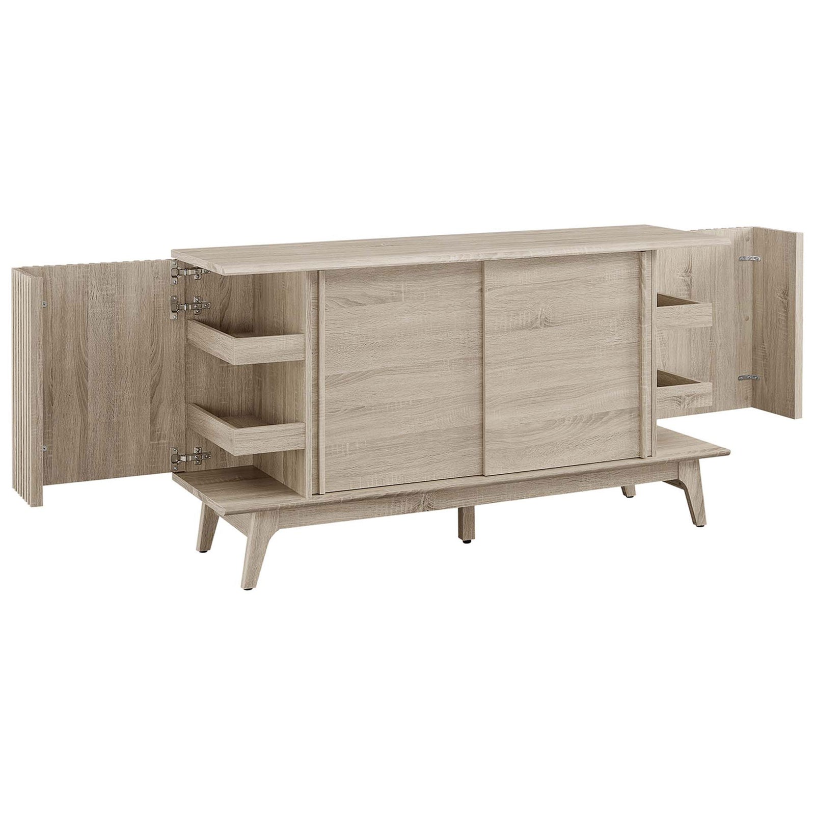 Oak sideboard with corner doors open to reveal tiered bottle and glass storage || EEI-6278-OAK || front_angle_open_studio