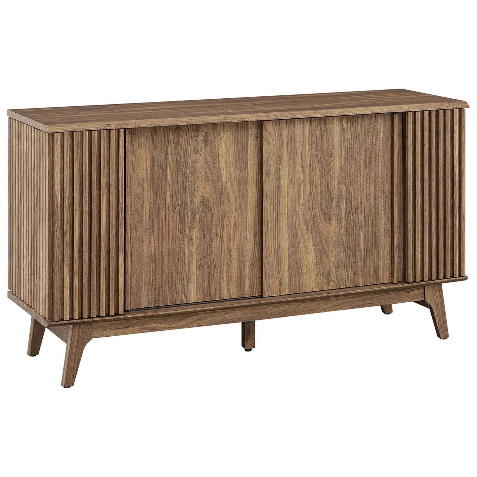 Mid-century walnut sideboard with vertical slatted sides and splayed legs for warm, streamlined storage. || EEI-6278-WAL || front_angle_studio