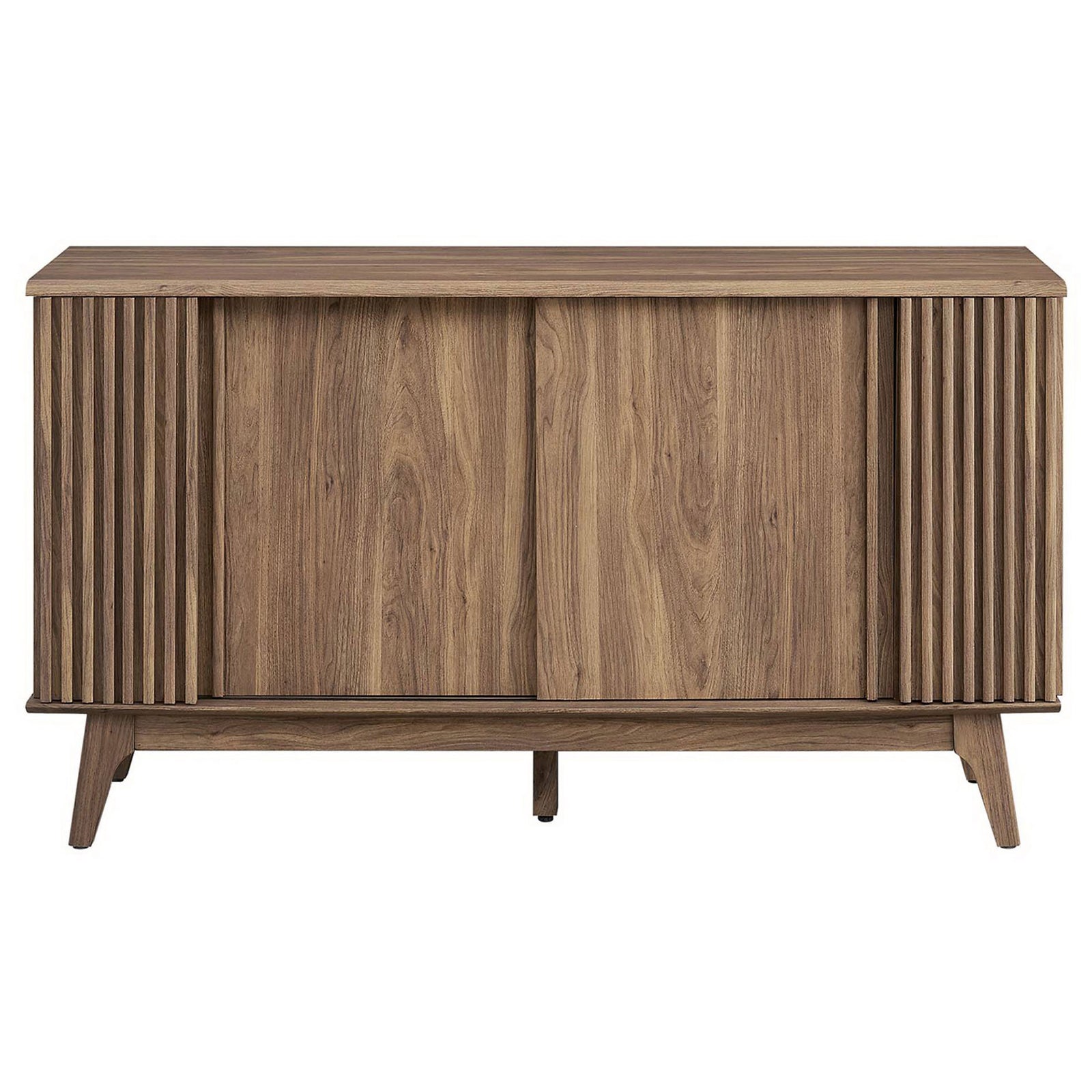 Wide walnut sideboard with dual sliding doors and fluted ends for clean, concealed storage in any room. || EEI-6278-WAL || front_studio