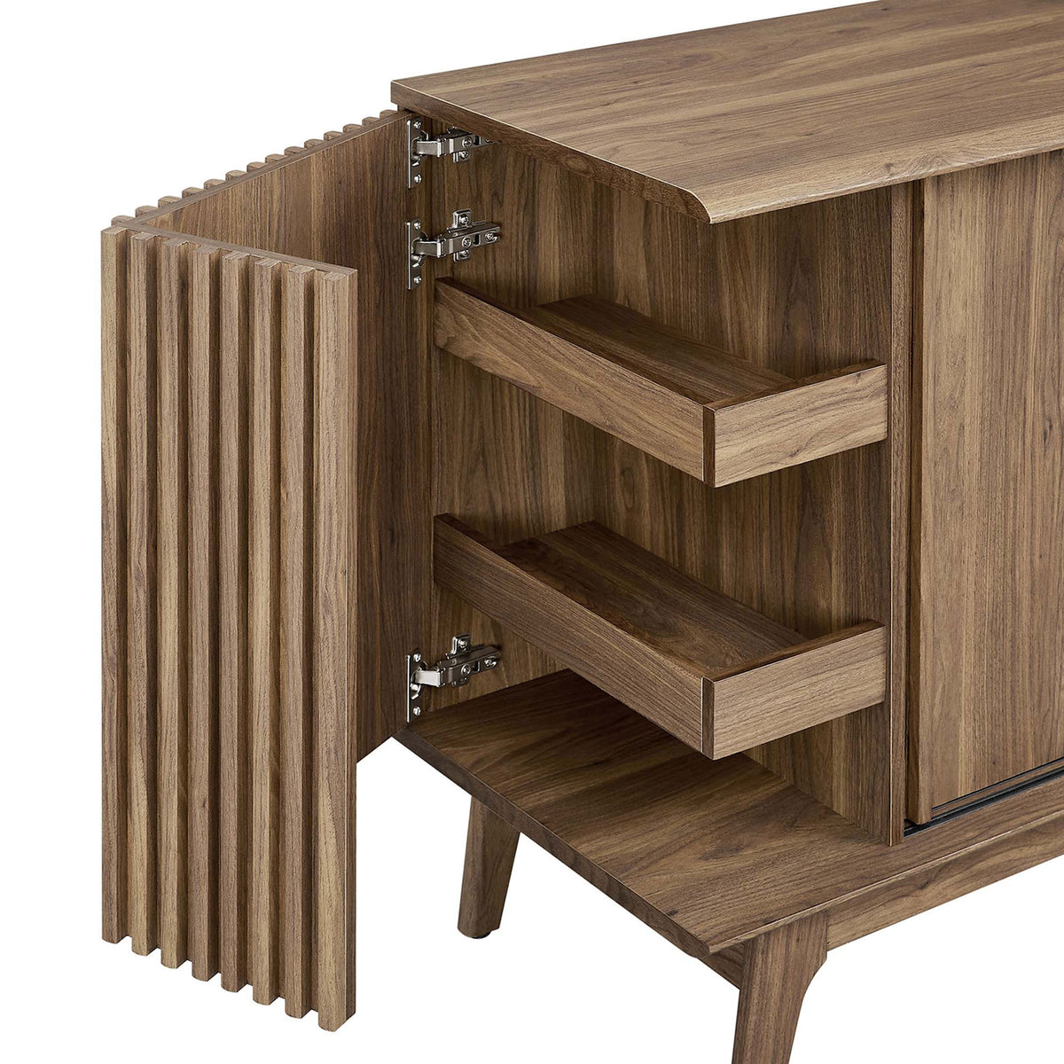 Interior door trays and sturdy metal hinges maximize accessible storage inside this versatile walnut sideboard. || EEI-6278-WAL || storage_open_studio