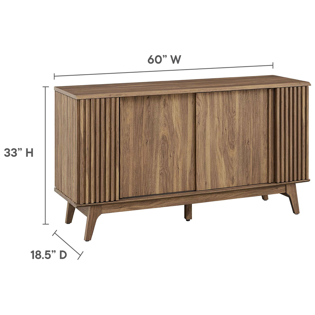 Dimension diagram showing the Eudora sideboard at 60 inches wide, 33 inches high, and 18.5 inches deep. || EEI-6278-WAL || dimension_studio