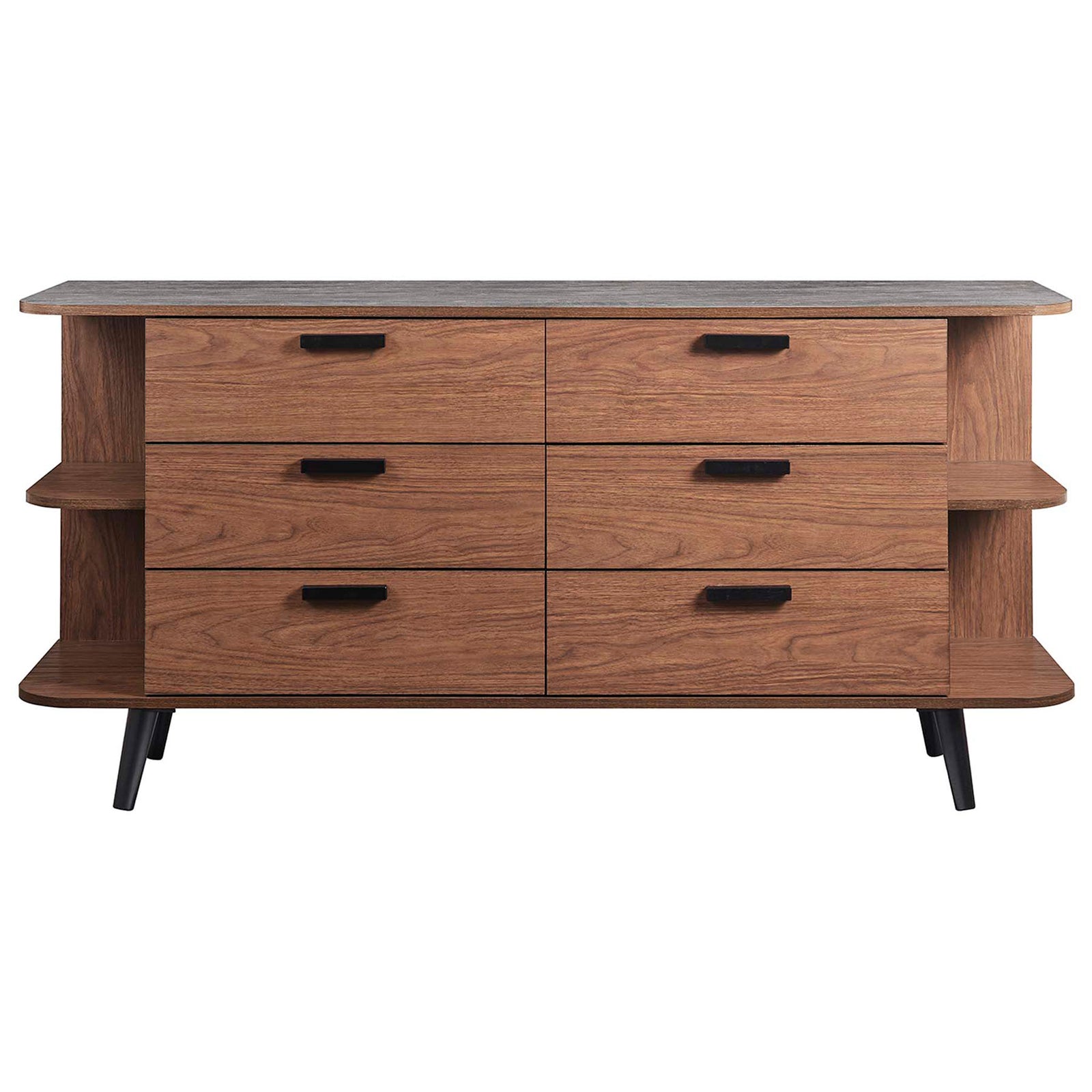 Walnut gray sideboard with six flat-front drawers and open side shelves on splayed black legs. || EEI-6281-WAL-GRY || front_studio
