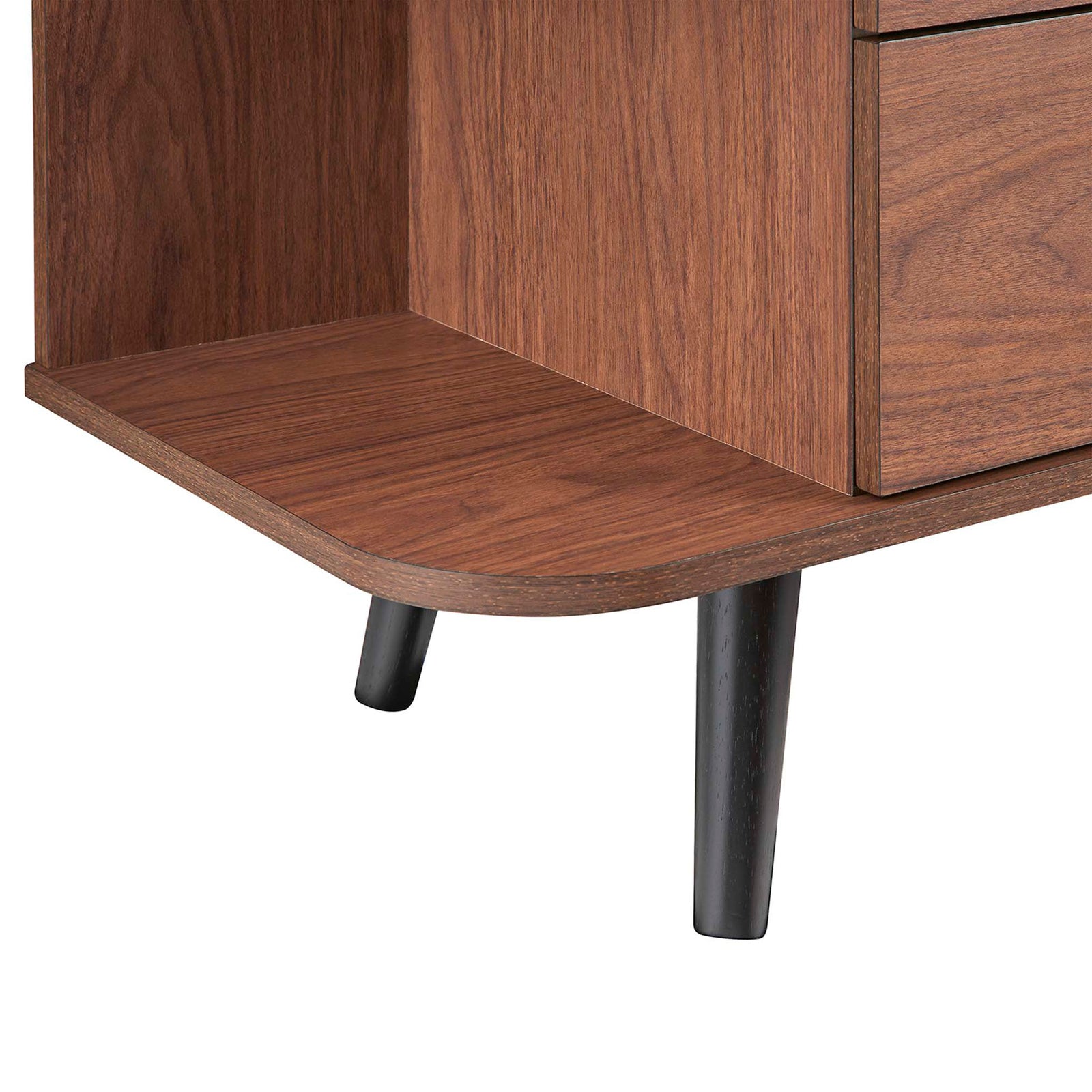 Walnut shelf edge and tapered black wooden leg highlighting the sideboard's stable mid-century base. || EEI-6281-WAL-GRY || leg_studio