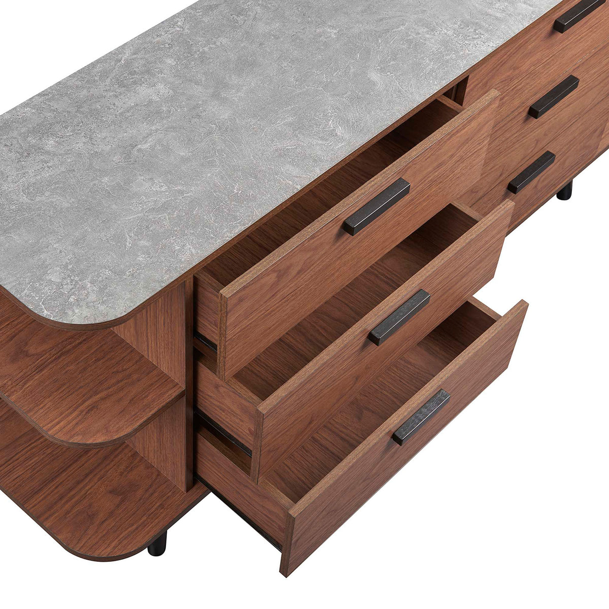 Stone-look top sideboard in walnut gray with multiple drawers open to show organized storage potential. || EEI-6281-WAL-GRY || storage_open_studio