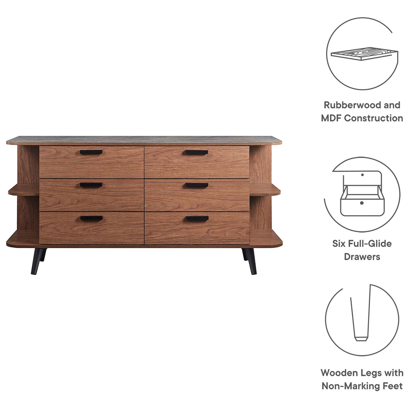 Langston sideboard showcasing construction, six full-glide drawers, and wooden legs with non-marking feet. || EEI-6281-WAL-GRY || callout_studio