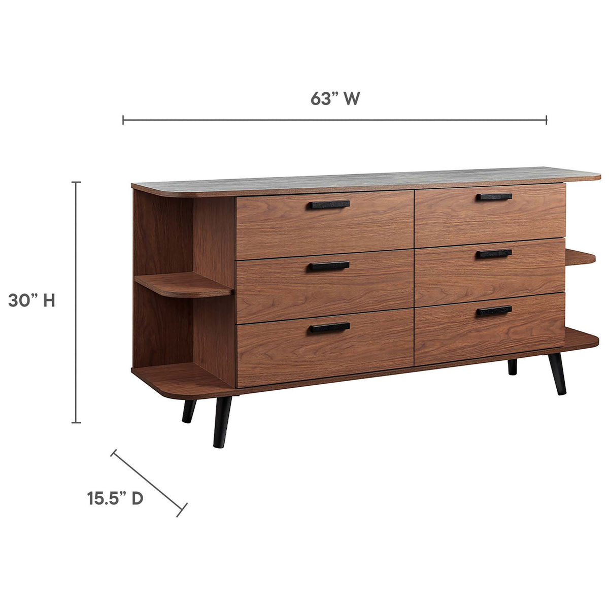 Dimension overview of the Langston sideboard with labeled width, height, and depth measurements. || EEI-6281-WAL-GRY || dimension_studio