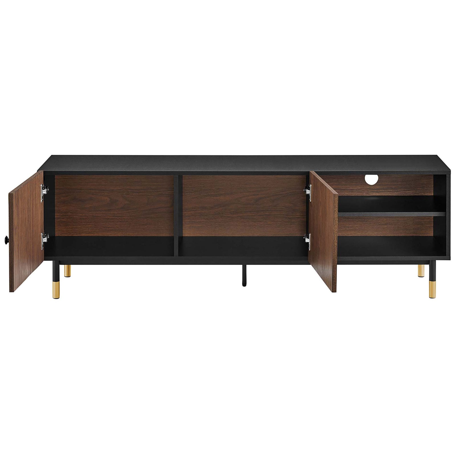 TV stand with both cabinet doors open revealing spacious interior storage compartments || EEI-6282-BLK-WAL || front_open_studio
