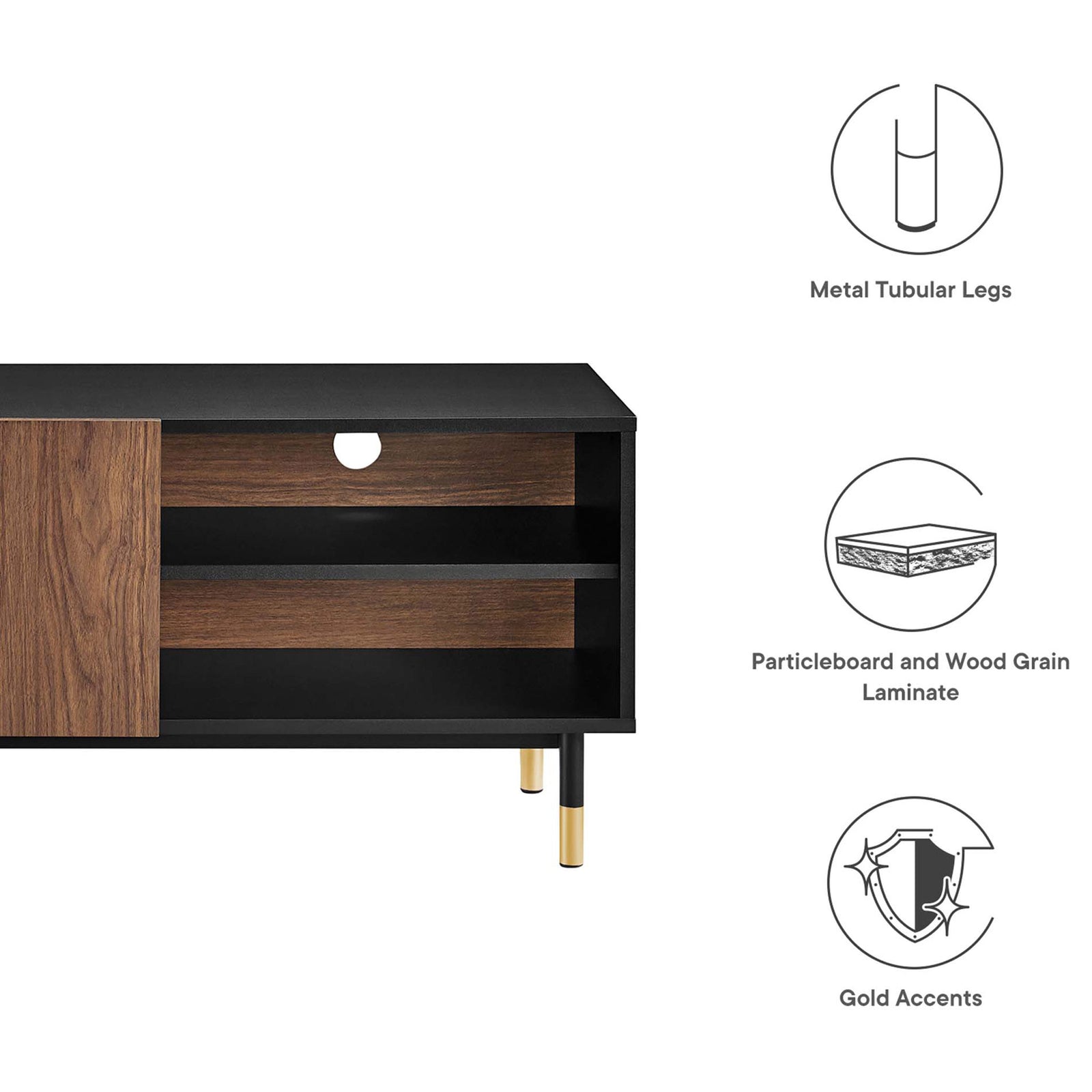 Graphic highlighting metal legs, wood grain laminate, and gold accents on the Nexus TV stand || EEI-6282-BLK-WAL || callout_studio