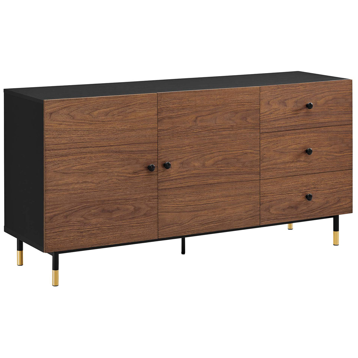 Black walnut sideboard with sleek black frame, three drawers, and dual cabinets on gold-capped metal legs || EEI-6283-BLK-WAL || front_angle_studio