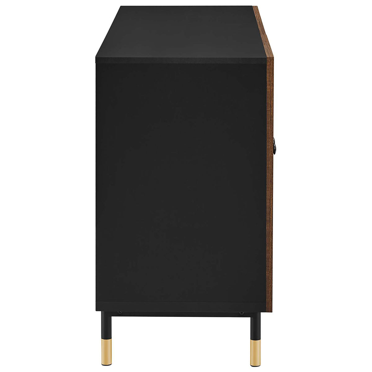 Slim black cabinet profile with black walnut doors and gold-tipped legs for streamlined modern storage || EEI-6283-BLK-WAL || side_studio