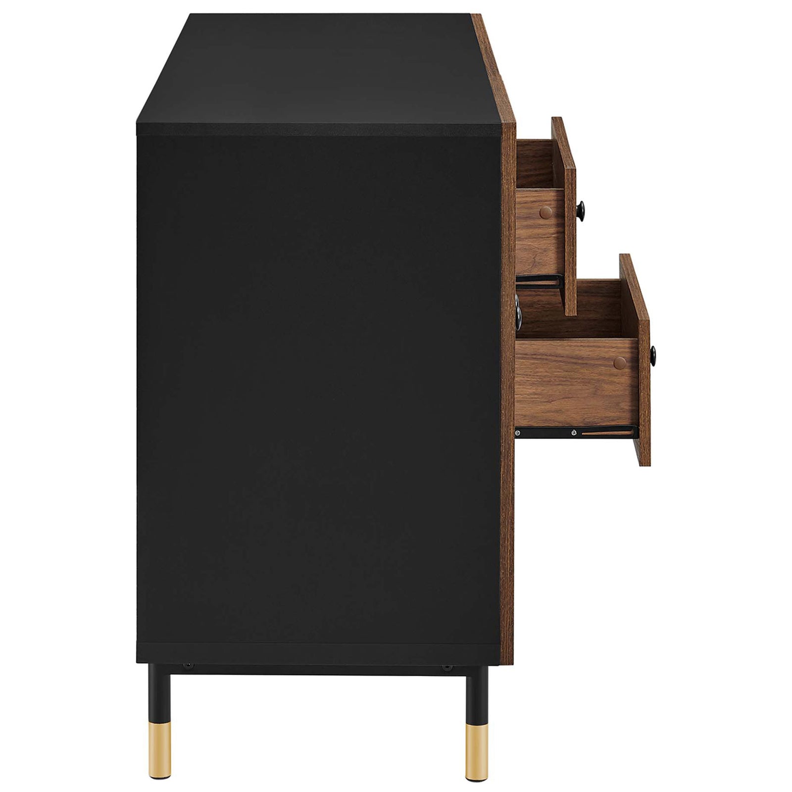 Black walnut sideboard drawers smoothly extended to reveal spacious storage on sleek metal legs || EEI-6283-BLK-WAL || side_open_studio