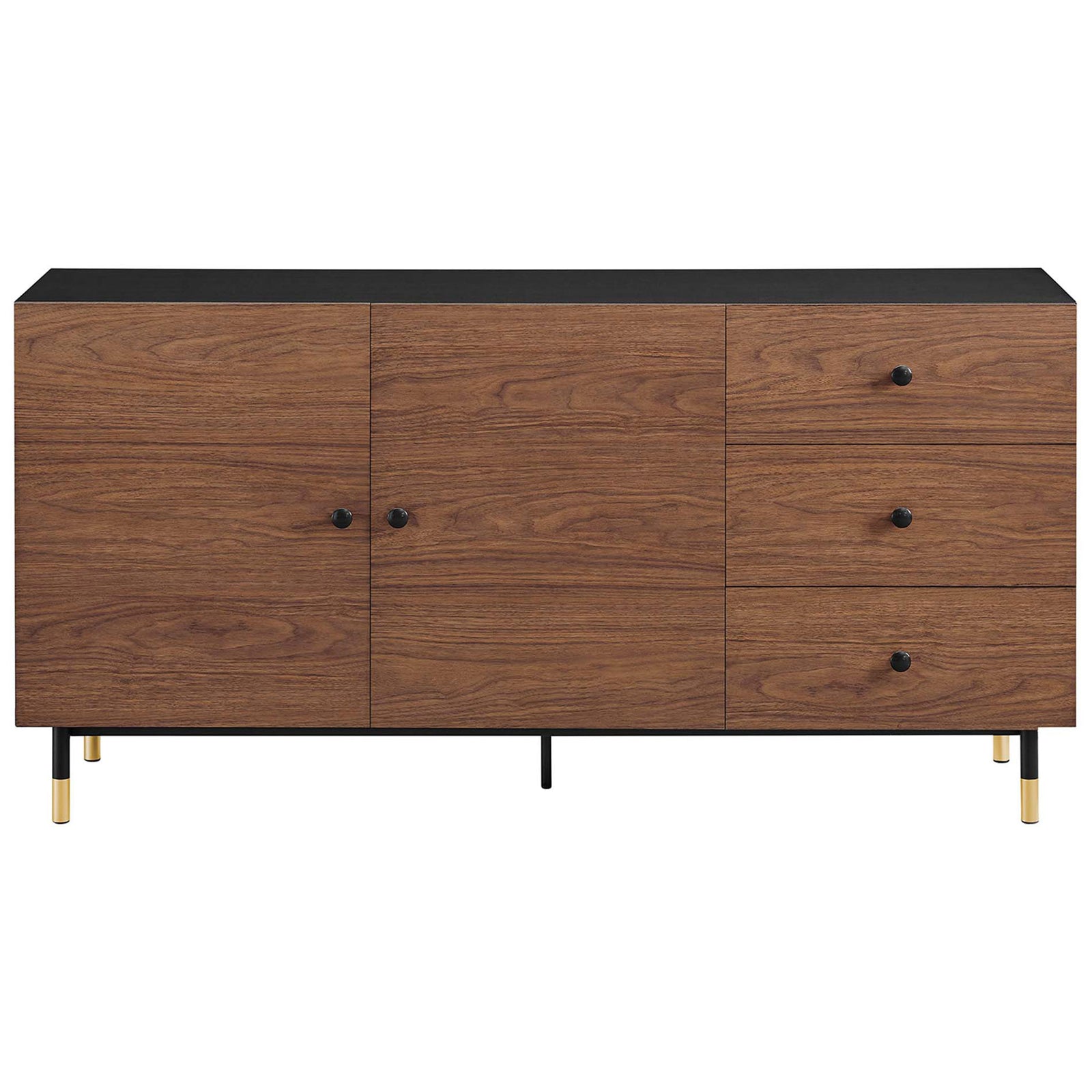 Modern black walnut storage cabinet with three drawers, dual doors, and slim gold-accented metal legs || EEI-6283-BLK-WAL || front_studio