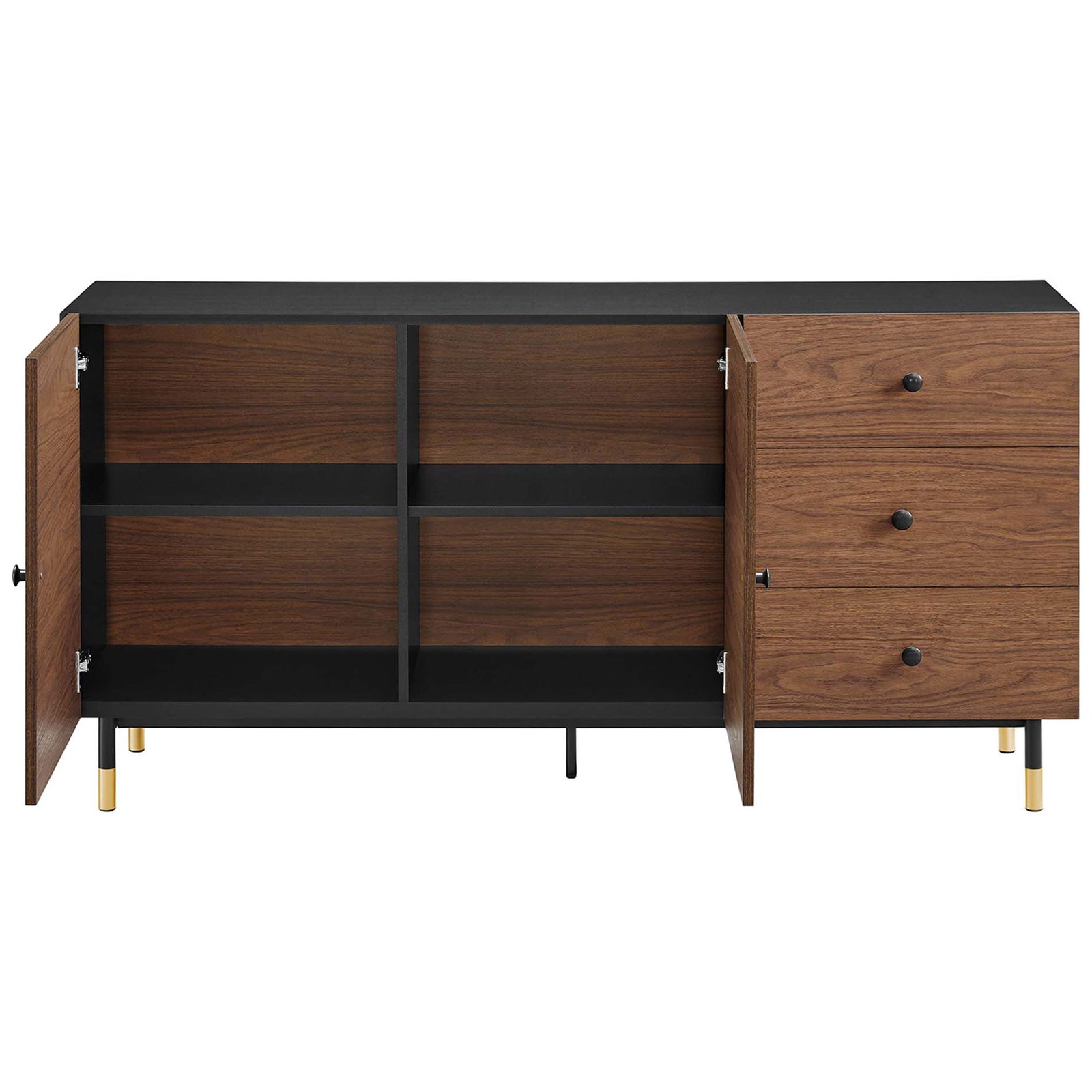 Nexus sideboard showcasing open cabinets and drawers with adjustable shelving for organized living room storage || EEI-6283-BLK-WAL || front_open_studio