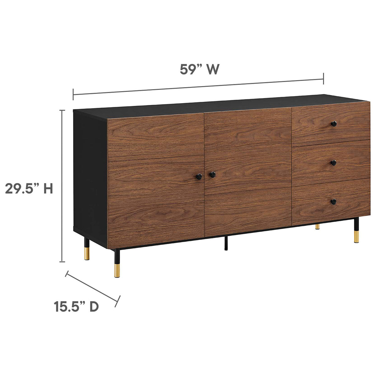 Nexus black walnut sideboard with generous 59 inch width, 29.5 inch height, and 15.5 inch depth for versatile storage || EEI-6283-BLK-WAL || dimension_studio