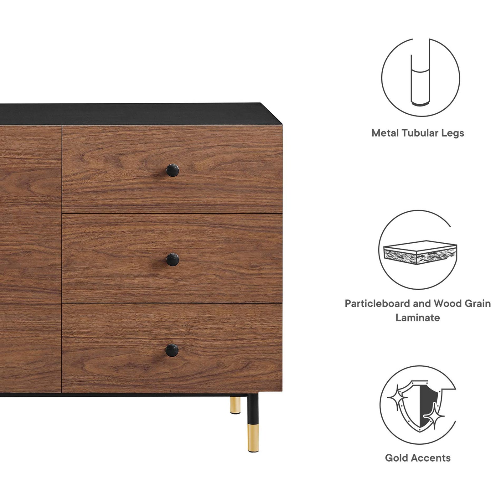 Feature highlights include metal tubular legs, particleboard with wood grain laminate, and warm gold accents || EEI-6283-BLK-WAL || callout_studio