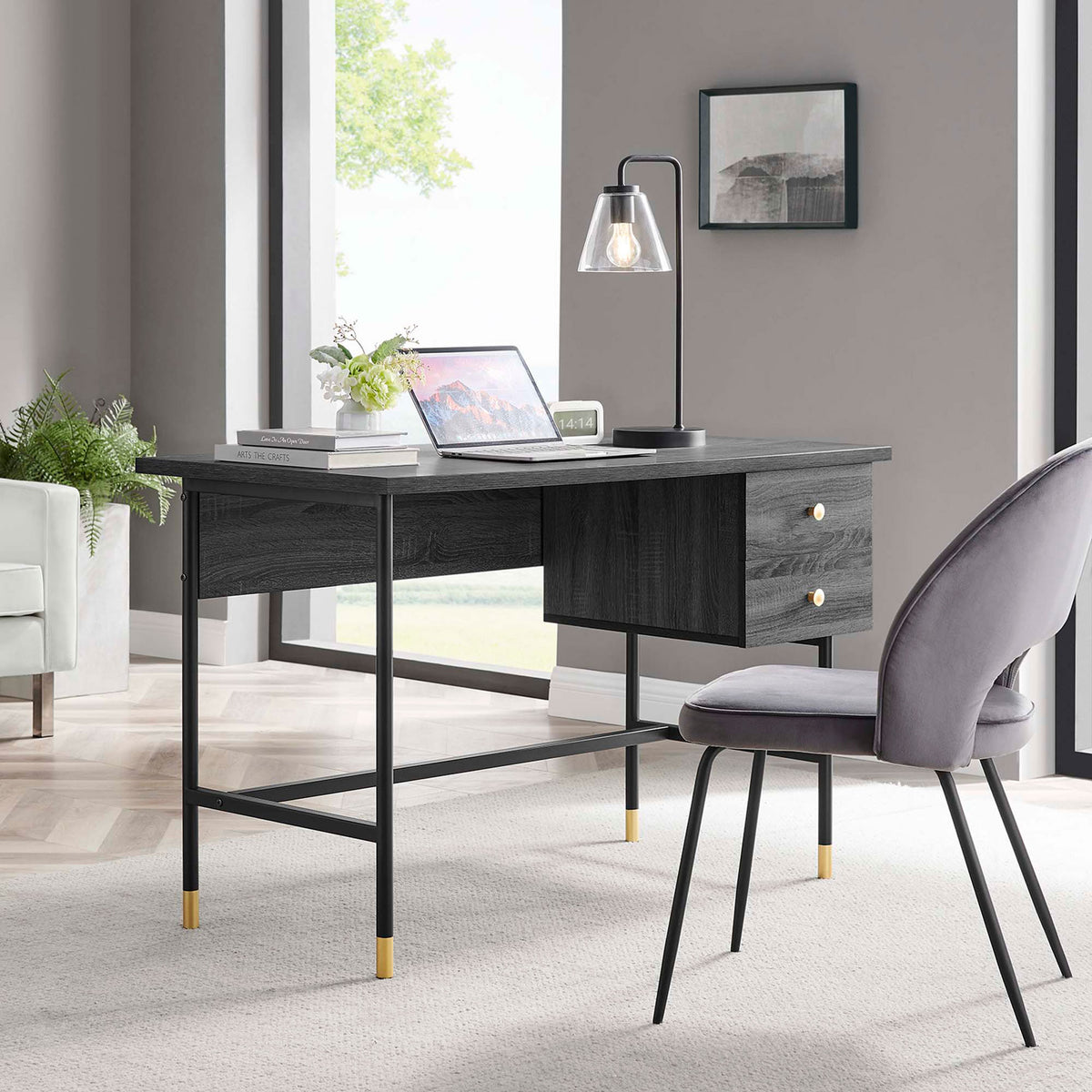Contemporary desk anchors the workspace with warm wood texture, slim lines, and gleaming hardware. || EEI-6284-BLK-CHA || front_angle_room