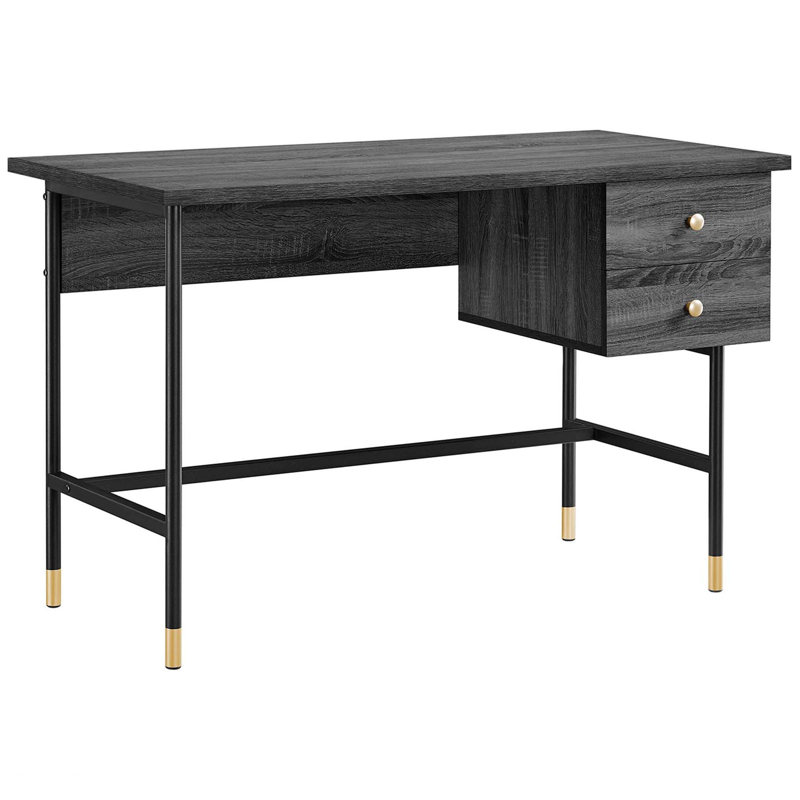 Spacious charcoal desktop and dual drawers pair with a slim metal frame and brass-tone accents. || EEI-6284-BLK-CHA || front_angle_studio