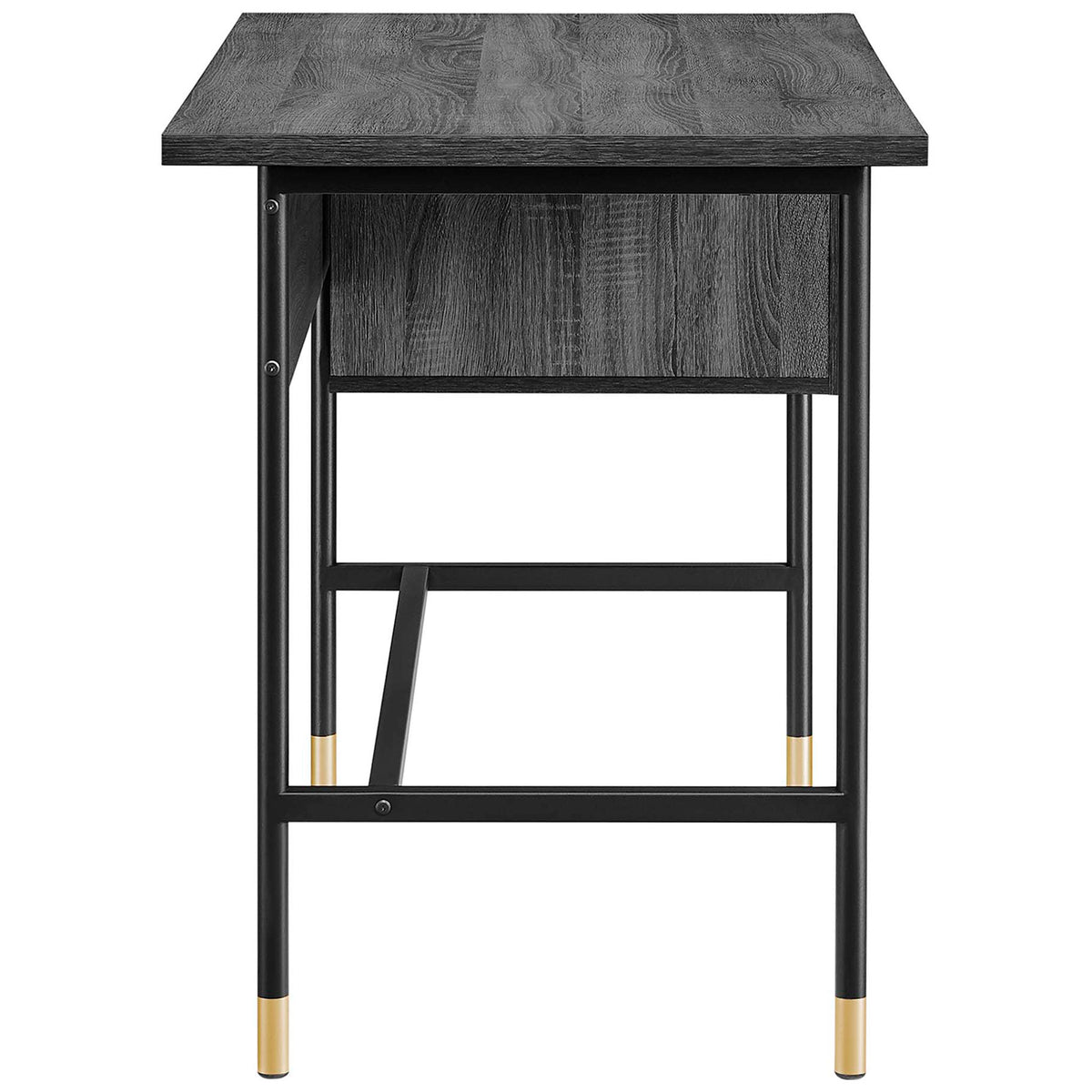 Tubular metal base with stabilizing stretchers and gold-tipped feet complements the refined wood grain. || EEI-6284-BLK-CHA || side_studio