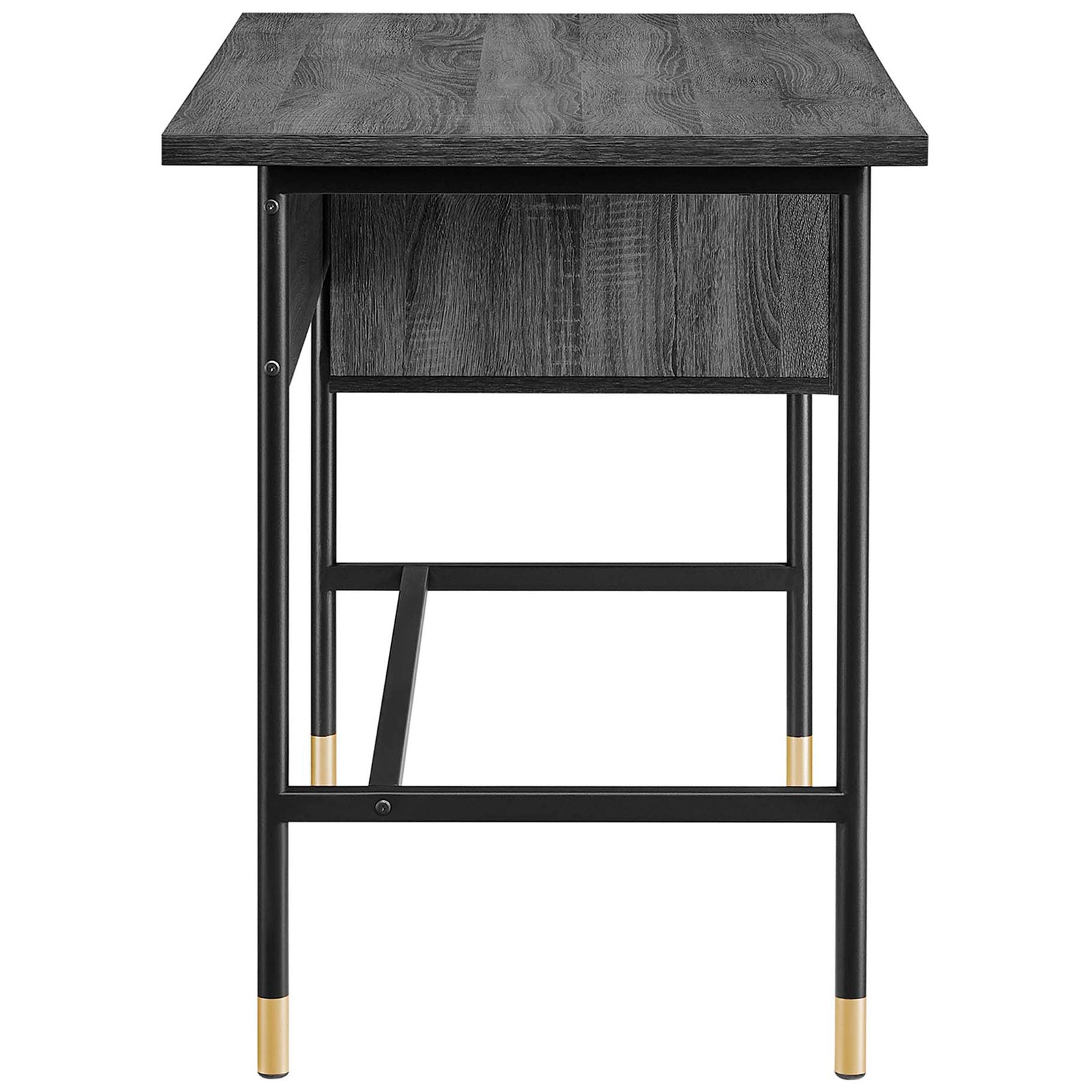 Tubular metal base with stabilizing stretchers and gold-tipped feet complements the refined wood grain. || EEI-6284-BLK-CHA || side_studio