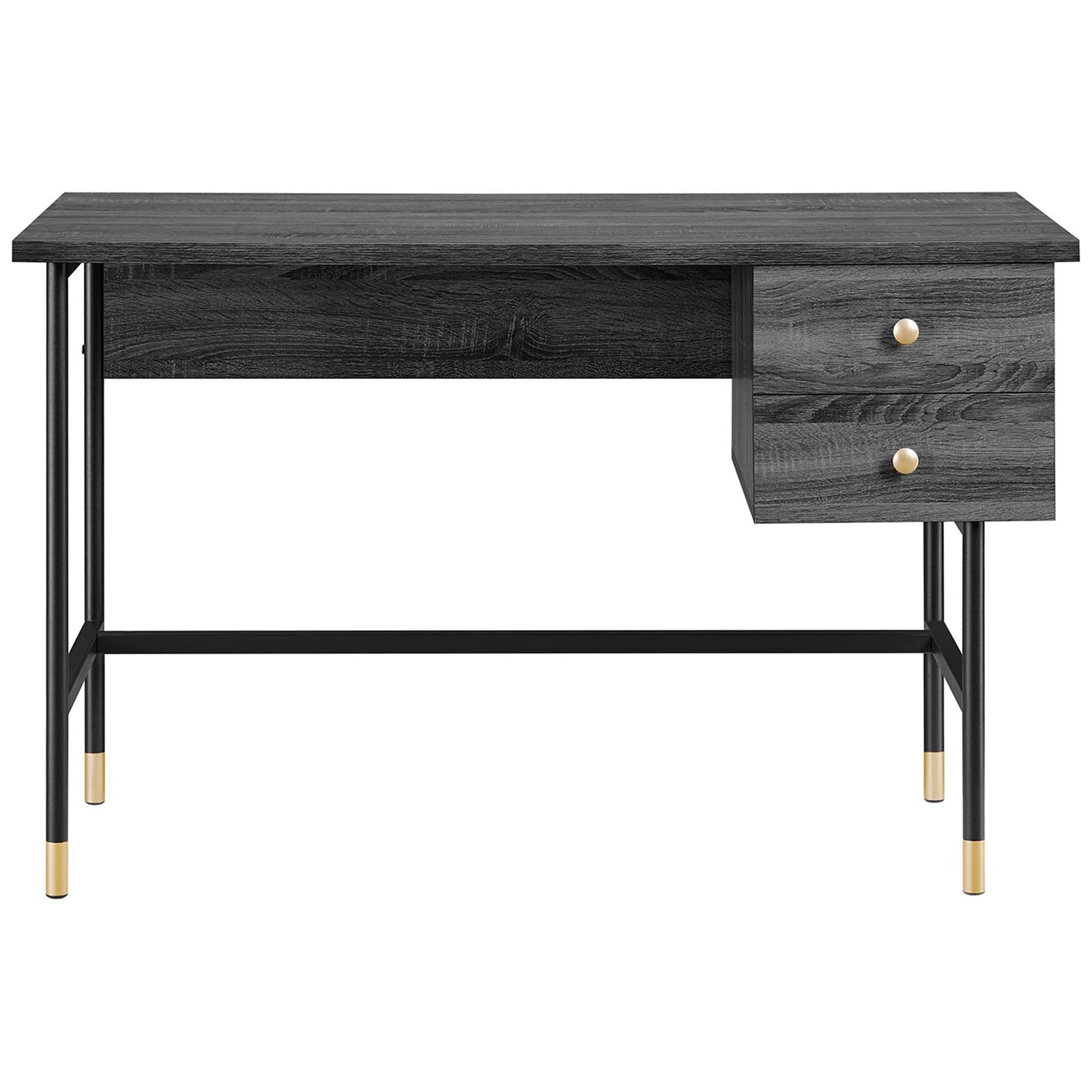 Streamlined black wood-grain desk with twin drawers and gold-capped legs for modern workspaces. || EEI-6284-BLK-CHA || front_studio
