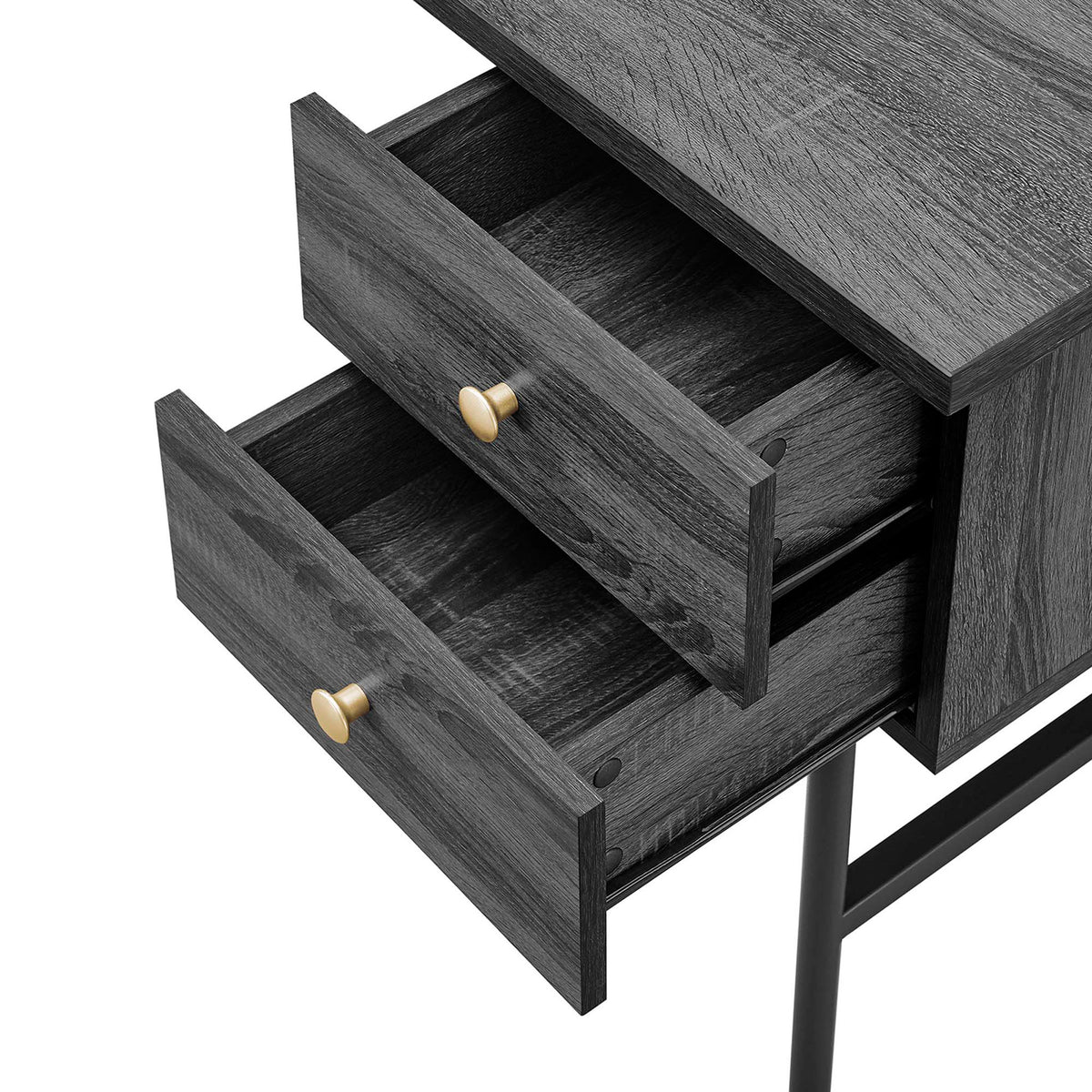 Two full-extension drawers glide smoothly to store notebooks, tech accessories, and office supplies. || EEI-6284-BLK-CHA || storage_open_studio
