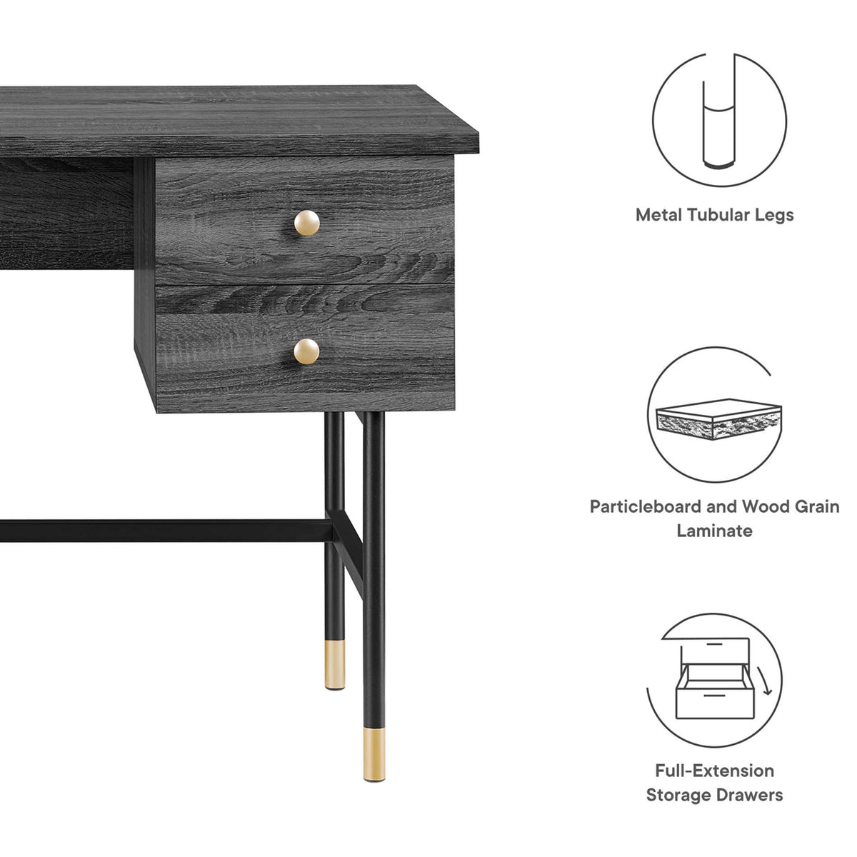 Durable particleboard with wood-grain laminate and metal frame delivers everyday performance and style. || EEI-6284-BLK-CHA || callout_studio