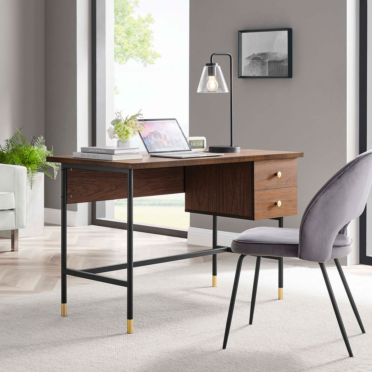 Modern workspace centerpiece with warm walnut finish and elegant gold accents || EEI-6284-BLK-WAL || front_angle_room