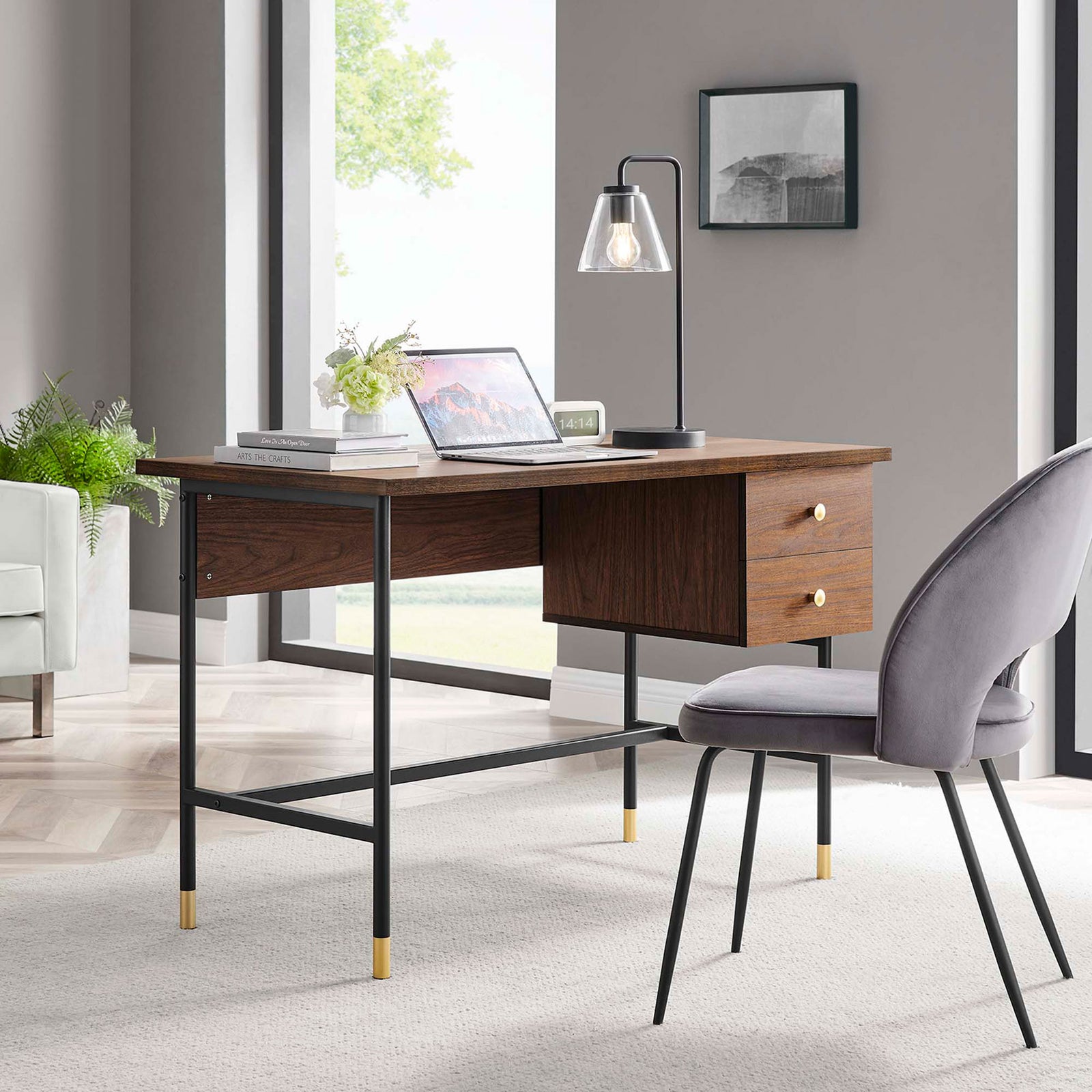 Modern workspace centerpiece with warm walnut finish and elegant gold accents || EEI-6284-BLK-WAL || front_angle_room