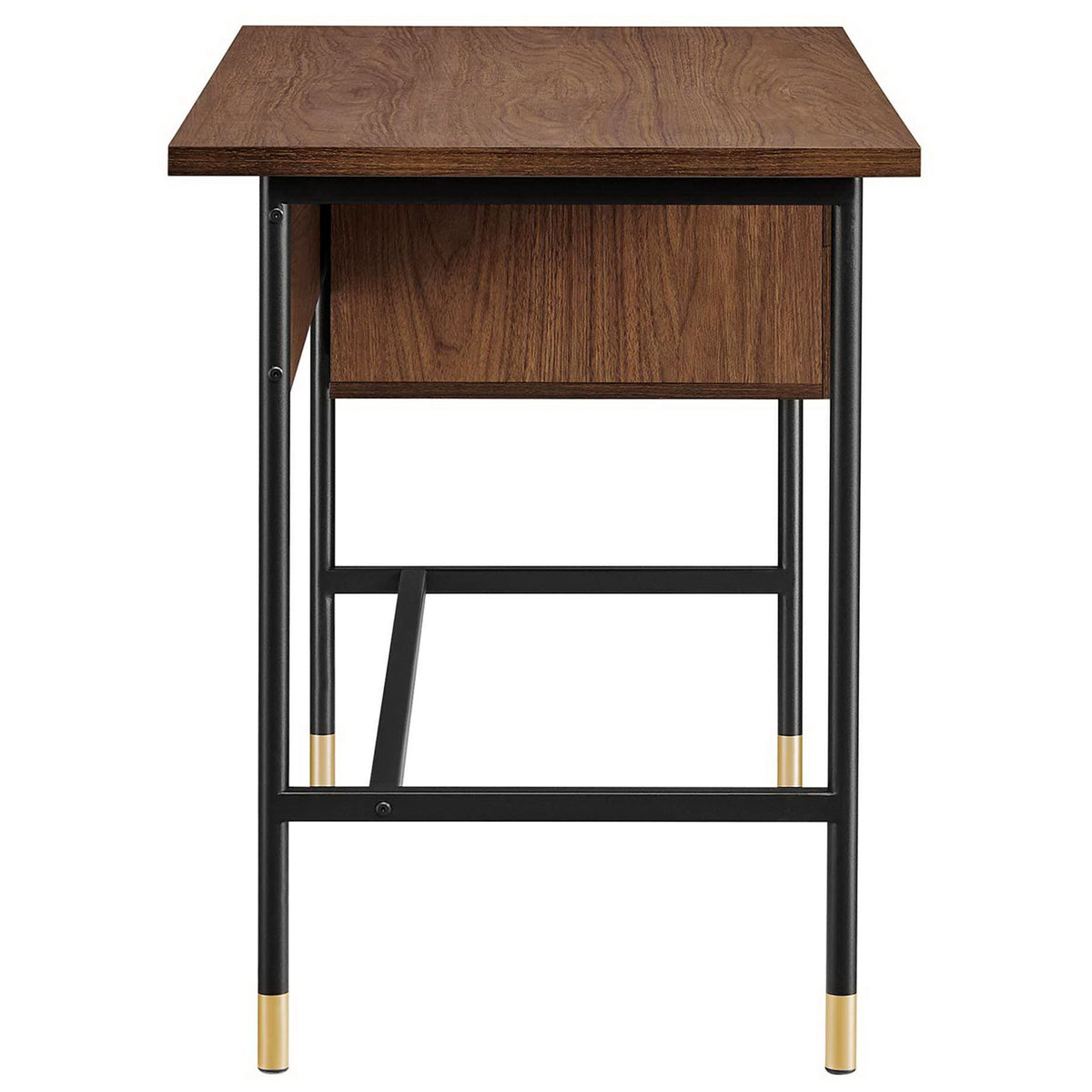 Slim profile highlights the rich walnut top and sturdy black frame with brass tips || EEI-6284-BLK-WAL || side_studio
