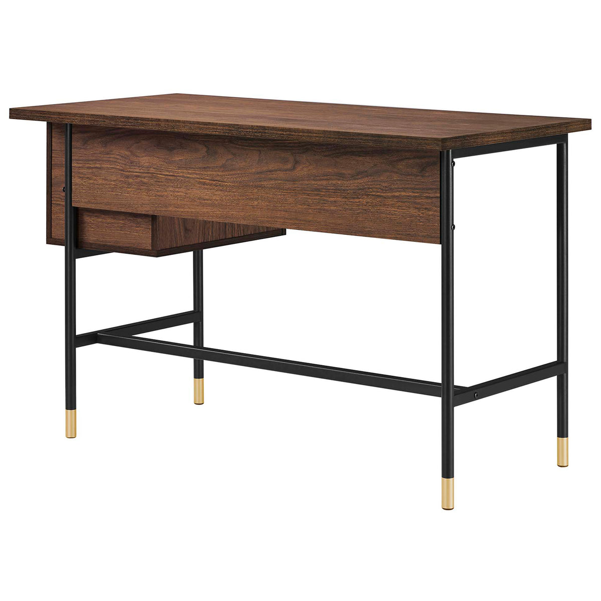 Clean back panel and floating drawer design over a sleek metal base with gold accents || EEI-6284-BLK-WAL || back_angle_studio