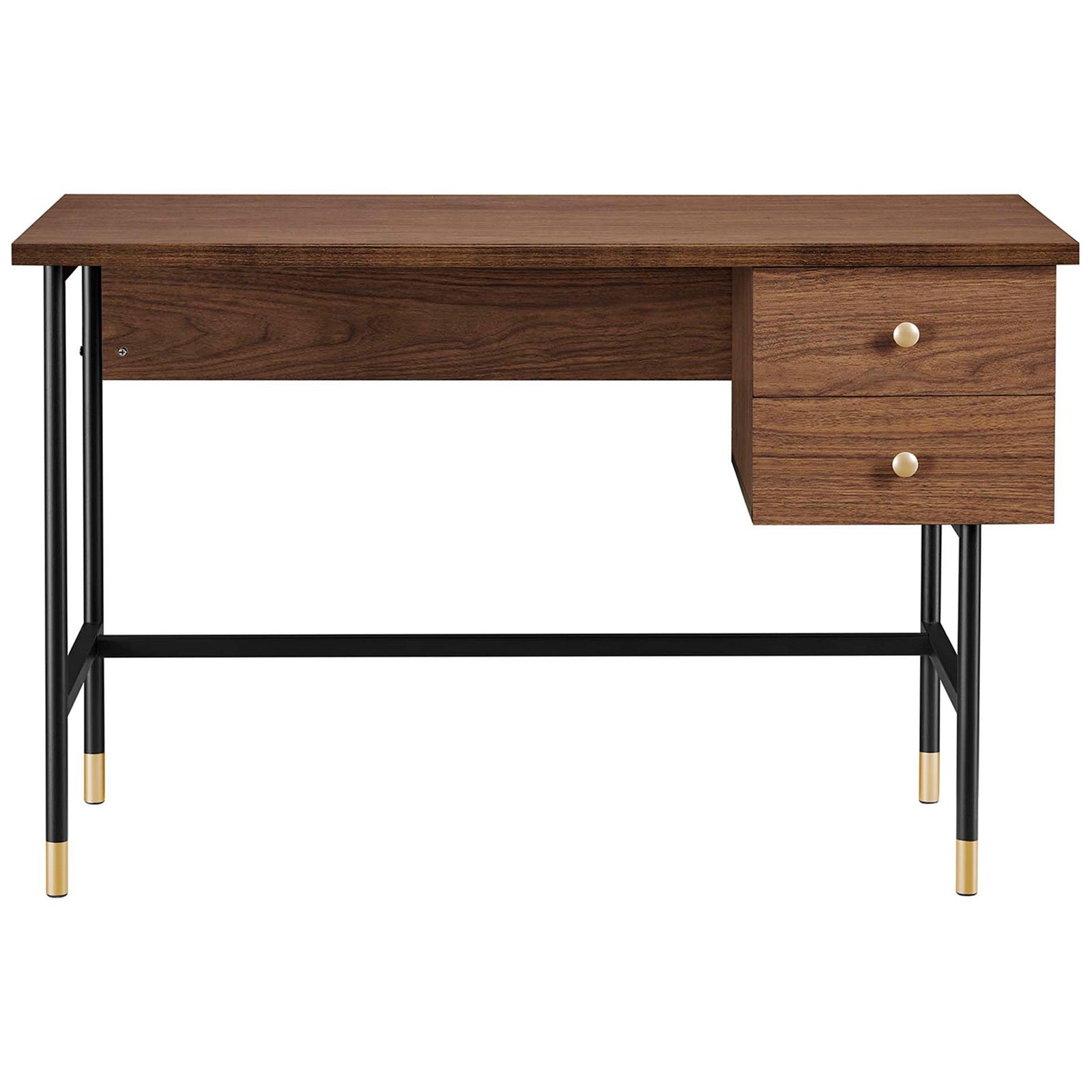 Streamlined walnut desk with two drawers, black metal frame, and gold accents || EEI-6284-BLK-WAL || front_studio