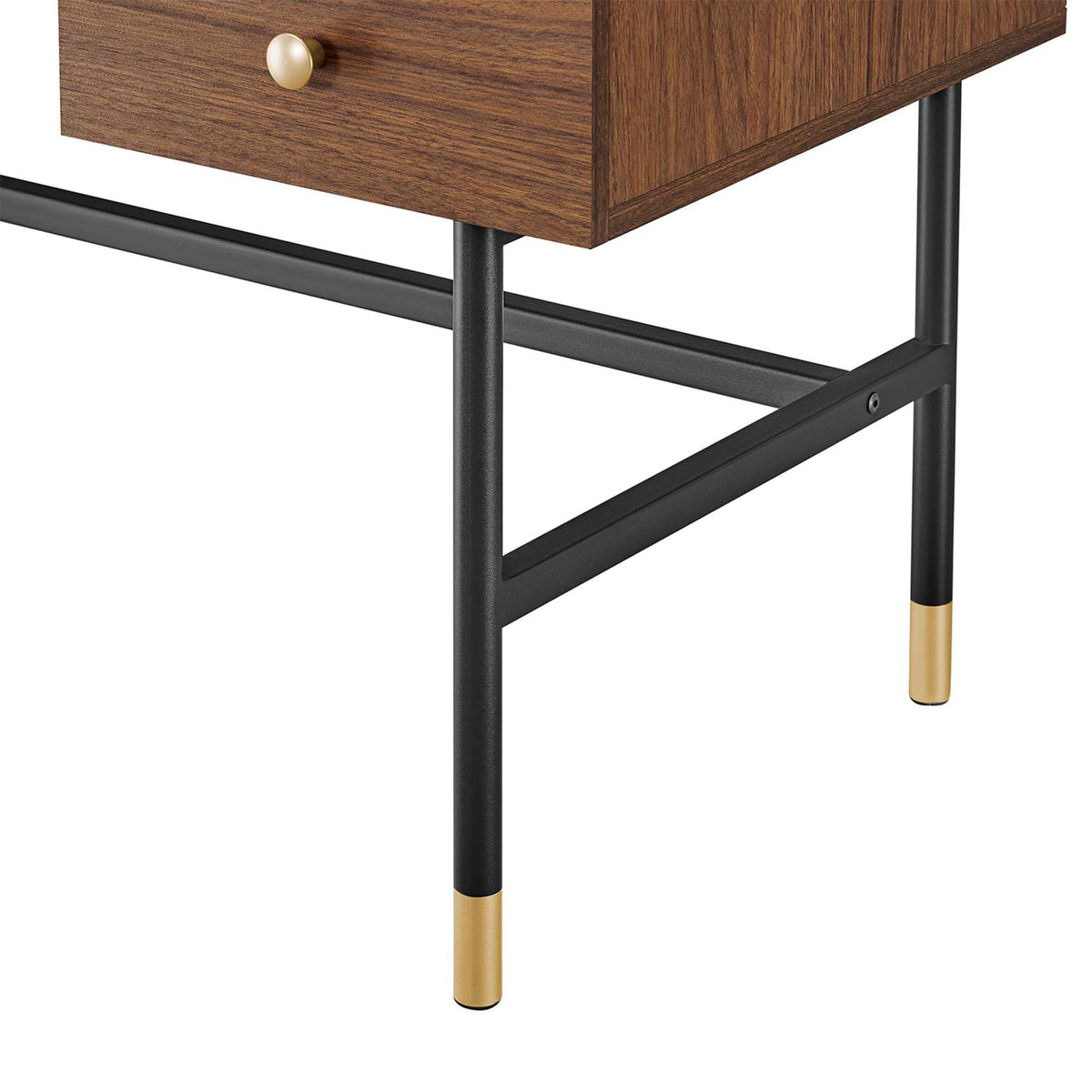 Gold-capped leg detail complements the warm walnut finish and matte black frame || EEI-6284-BLK-WAL || leg_studio