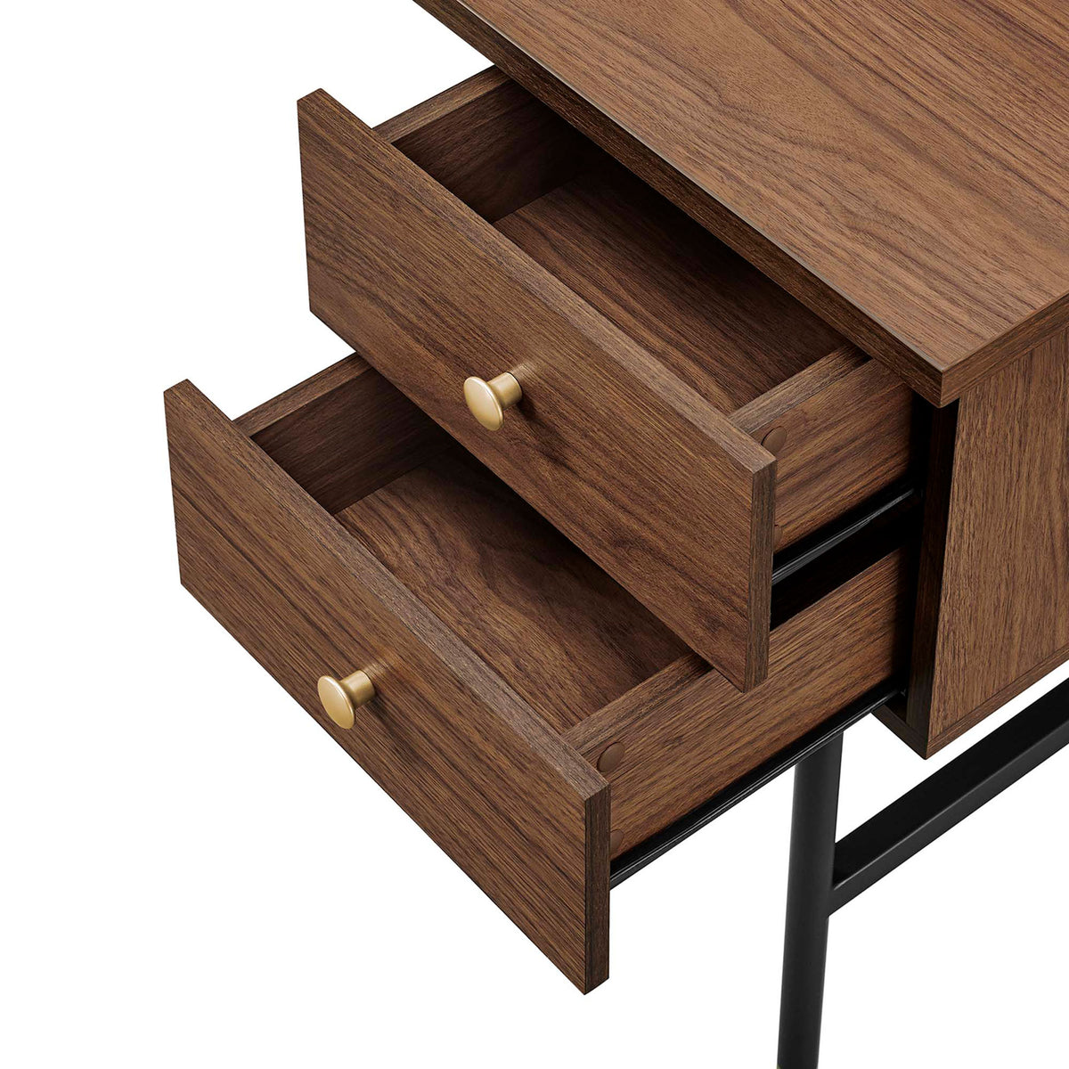 Two full-extension drawers glide open for easy access to office essentials || EEI-6284-BLK-WAL || storage_open_studio