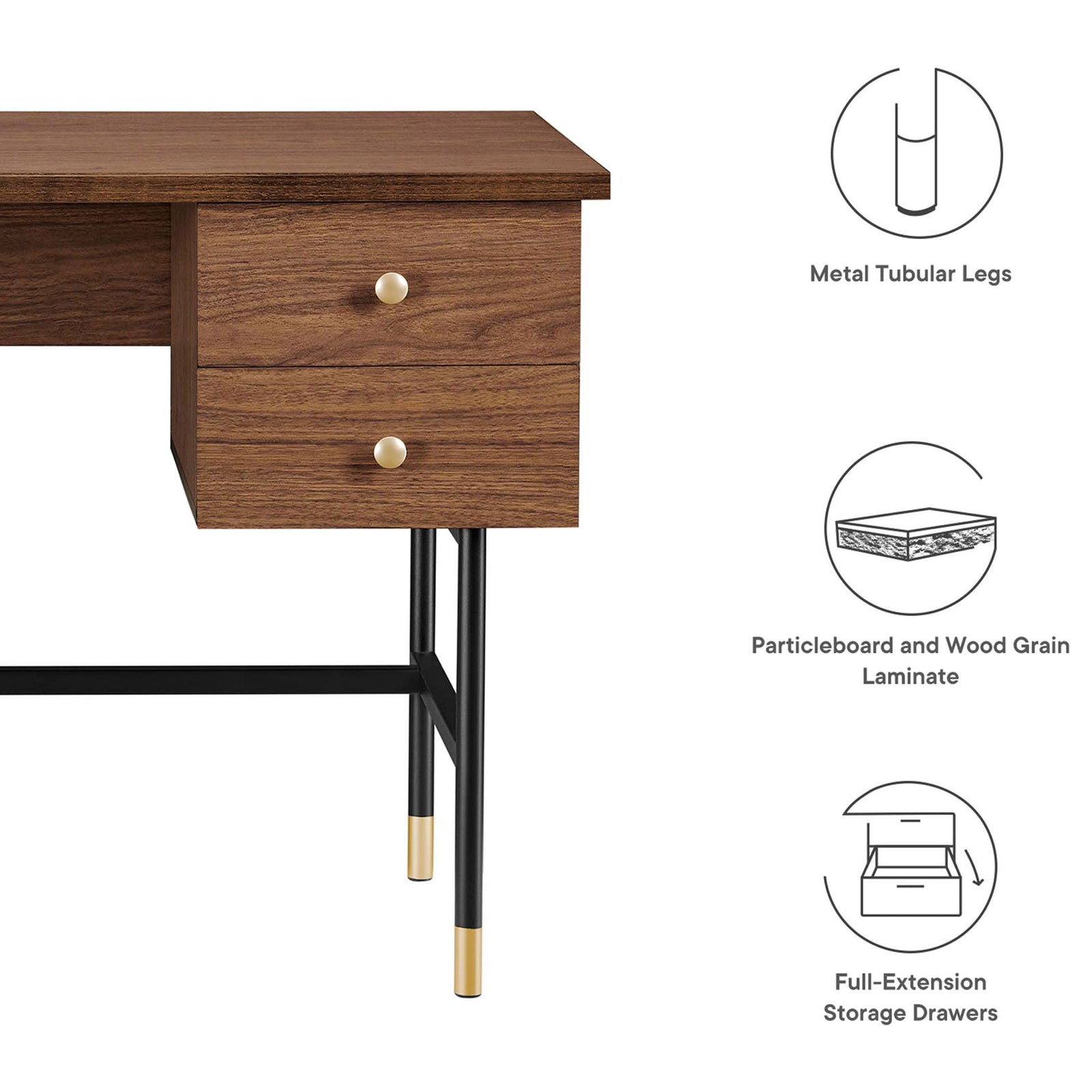 Durable wood-grain laminate, metal tubular legs, and smooth-glide storage drawers || EEI-6284-BLK-WAL || callout_studio