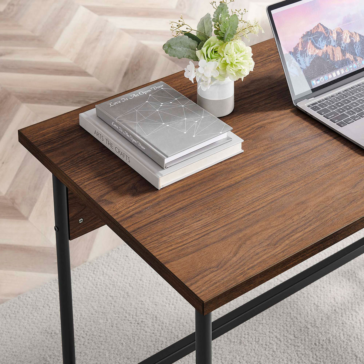 Walnut grain desktop offers ample room for a laptop and accessories || EEI-6284-BLK-WAL || detail_room