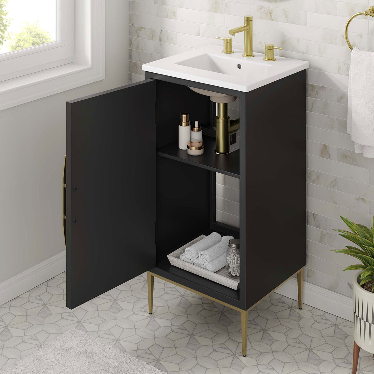 Styled in a bright bath, the vanity showcases organized storage and modern black and gold finishes || EEI-6285-WHI-BLK || front_angle_open_room