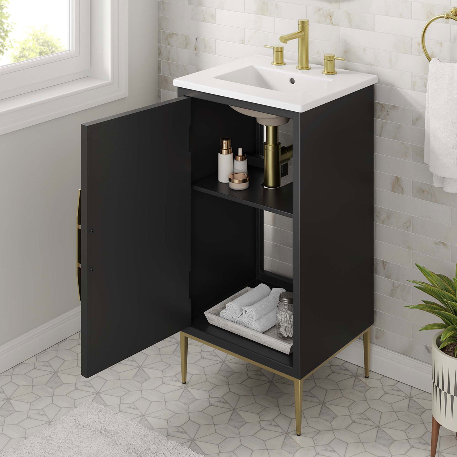 Styled in a bright bath, the vanity showcases organized storage and modern black and gold finishes || EEI-6285-WHI-BLK || front_angle_open_room