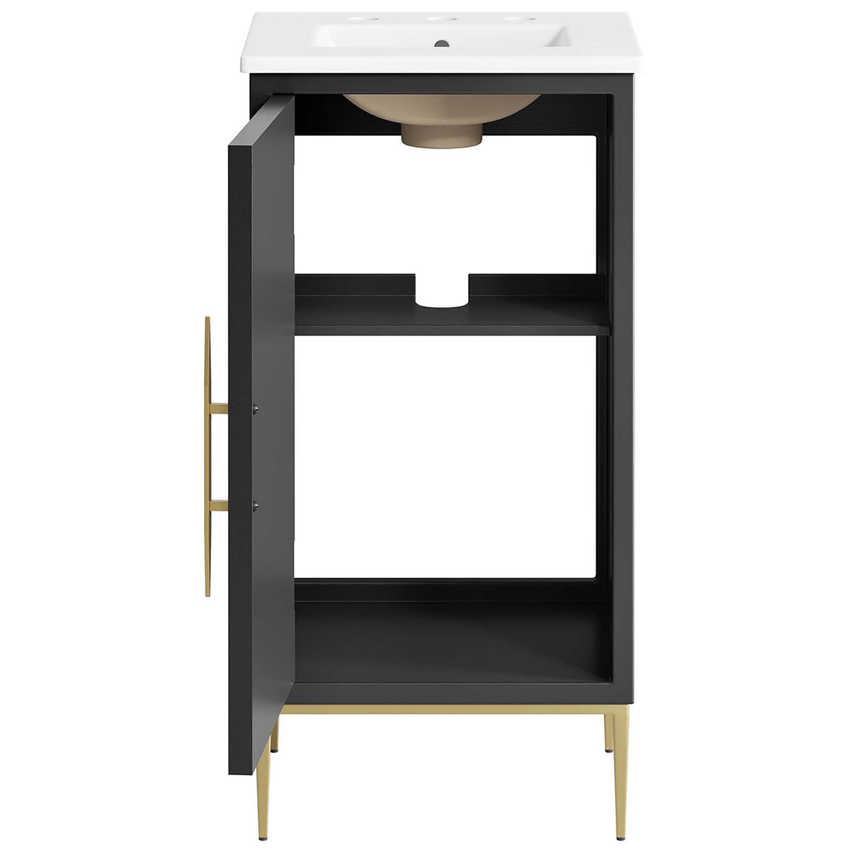 Spacious two-tier storage behind the door keeps towels and essentials neatly organized || EEI-6285-WHI-BLK || front_open_studio