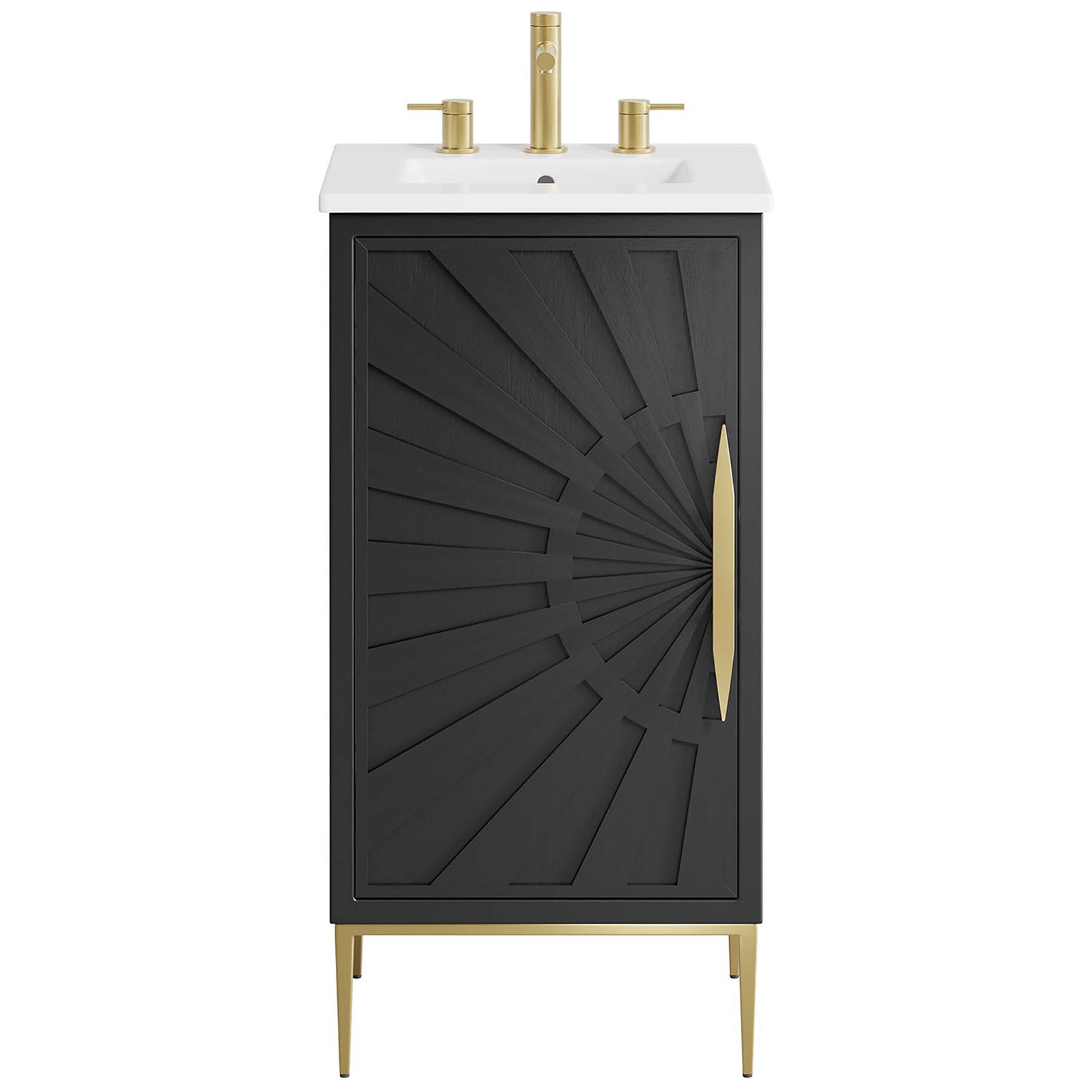 Striking sunburst panel and gold hardware elevate this compact vanity's modern silhouette || EEI-6285-WHI-BLK || front_studio